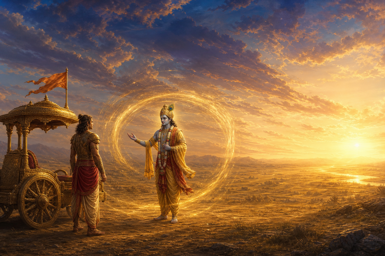A warrior and divine charioteer stand beside an ancient chariot on a dawn-lit plain that opens toward a bright horizon.