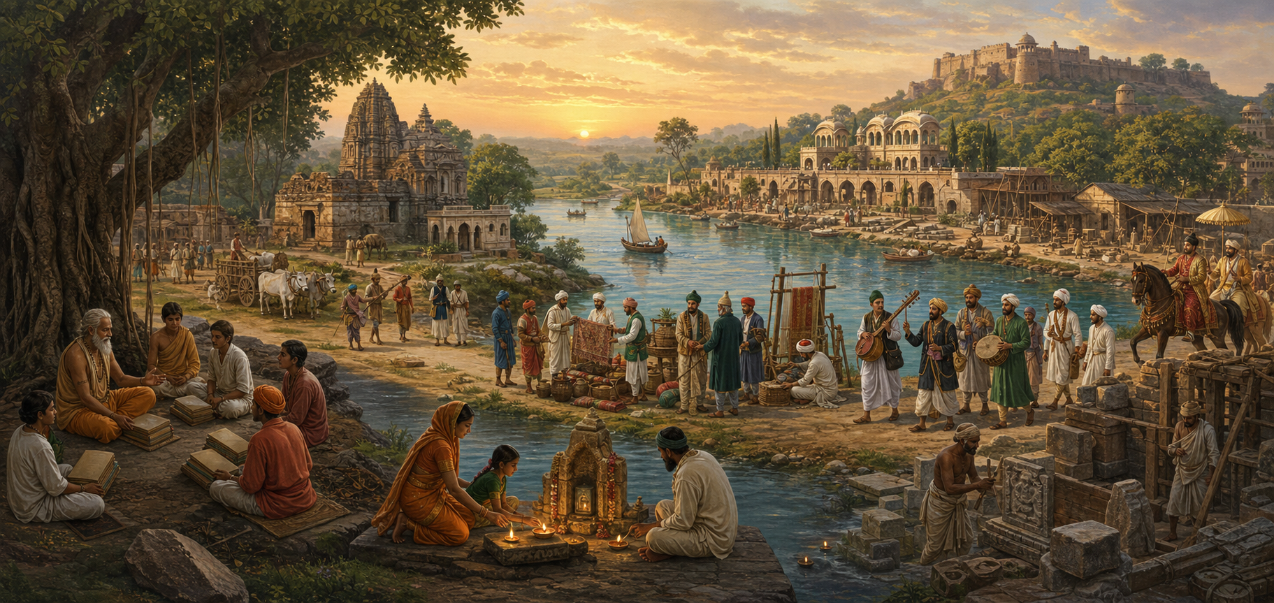 A river links a temple, shrine, garden pavilion, workshops, village, and hill fort as families, teachers, artisans, merchants, musicians, and pilgrims move through the landscape.