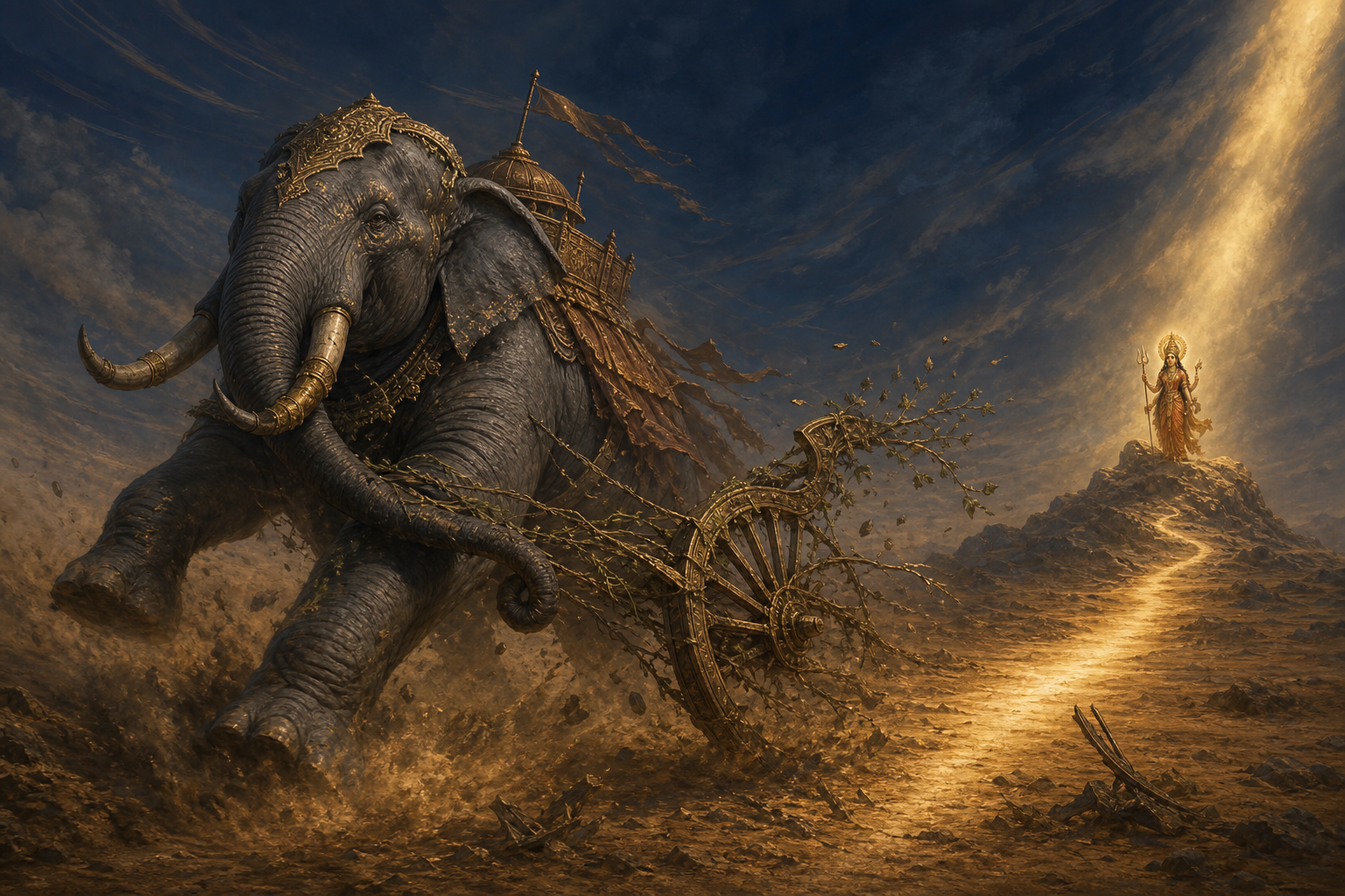 A powerful elephant rushes through dust while its curling trunk pulls objects in opposing directions, and Durga stands steadily in a beam of light ahead.