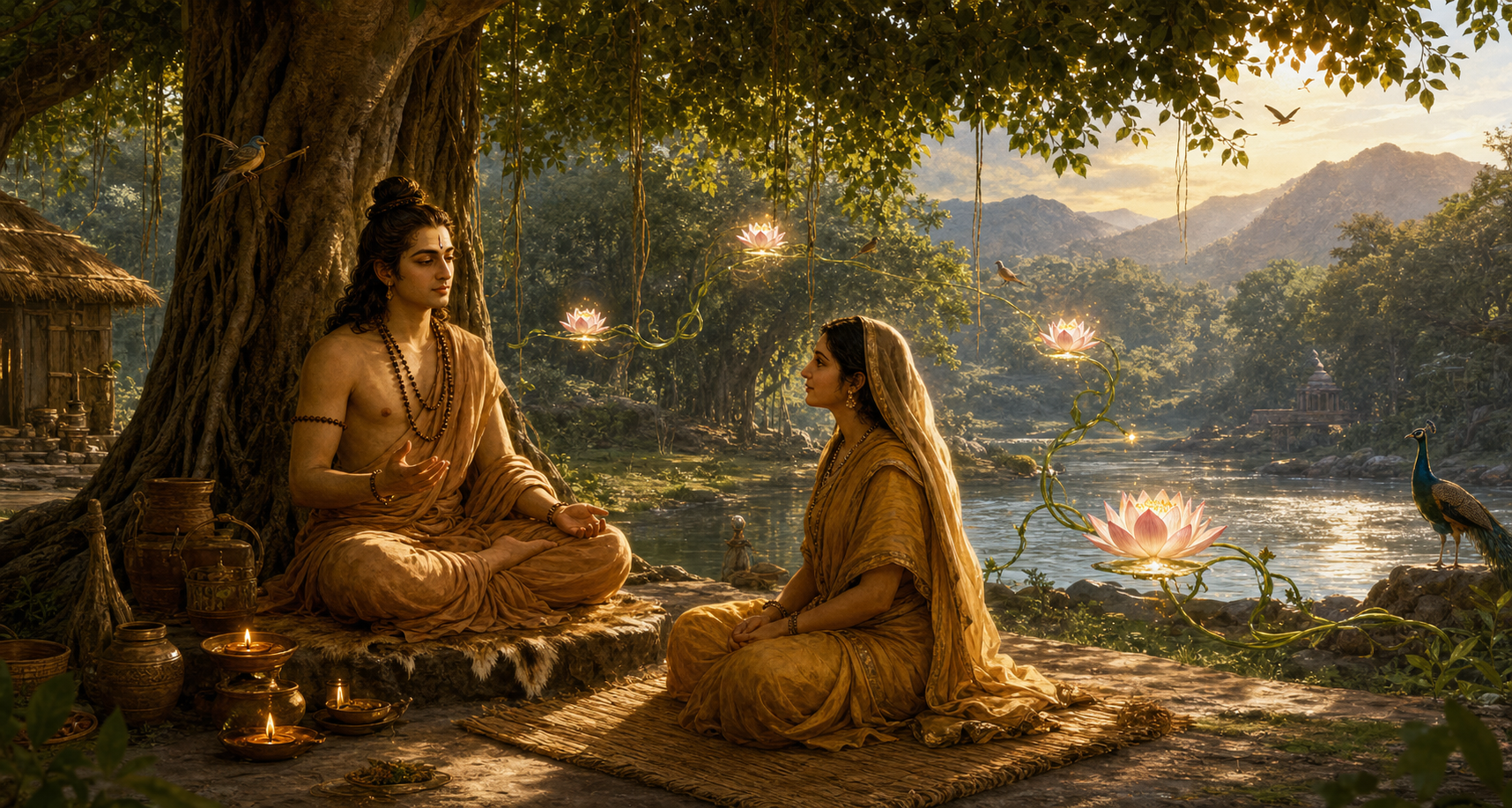 Kapila teaches Devahuti beneath a banyan tree in a riverside hermitage, with glowing lotuses and winding vines in the background.