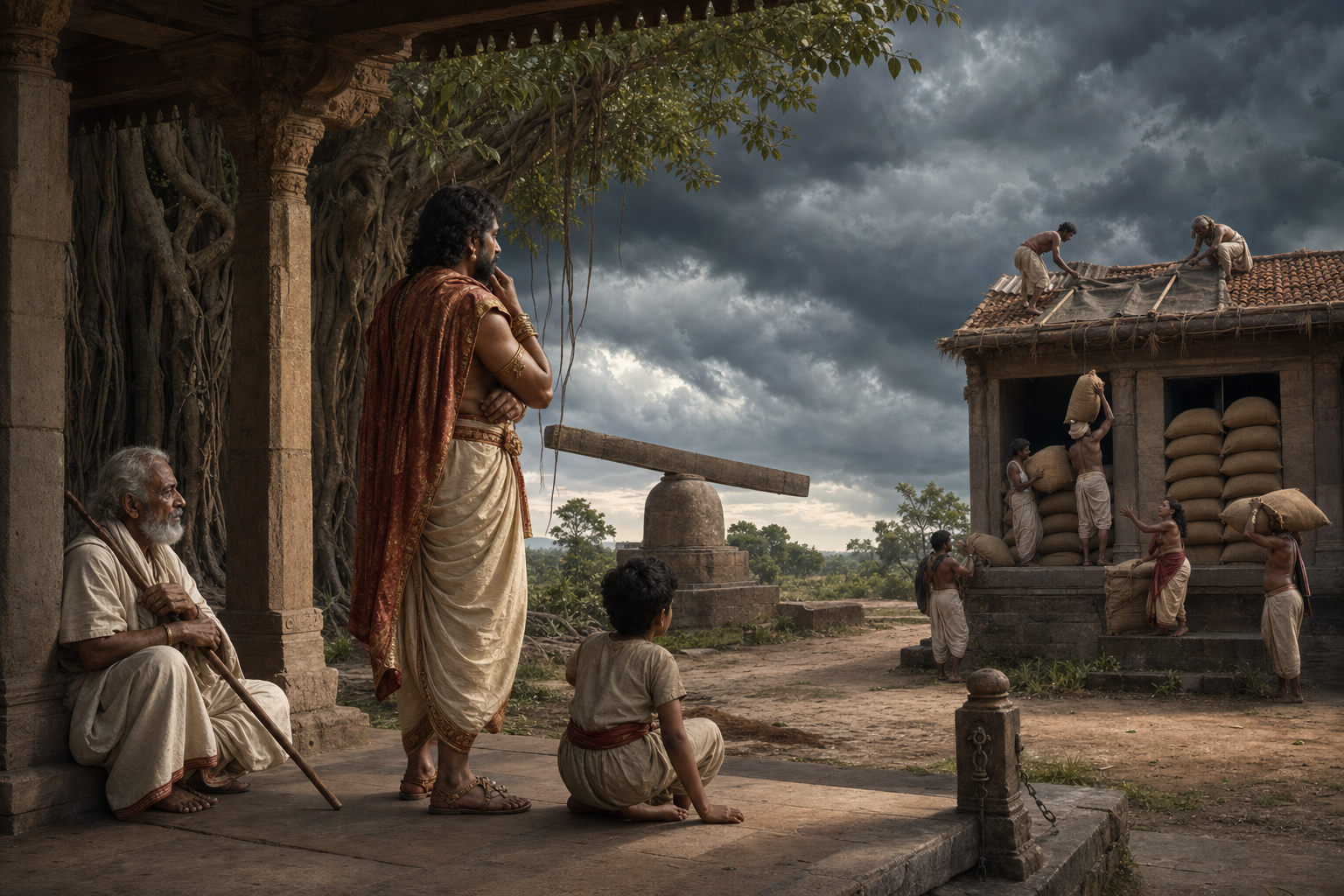A person considers the needs of an elder, a child, and granary workers in an Indian courtyard as storm clouds gather.