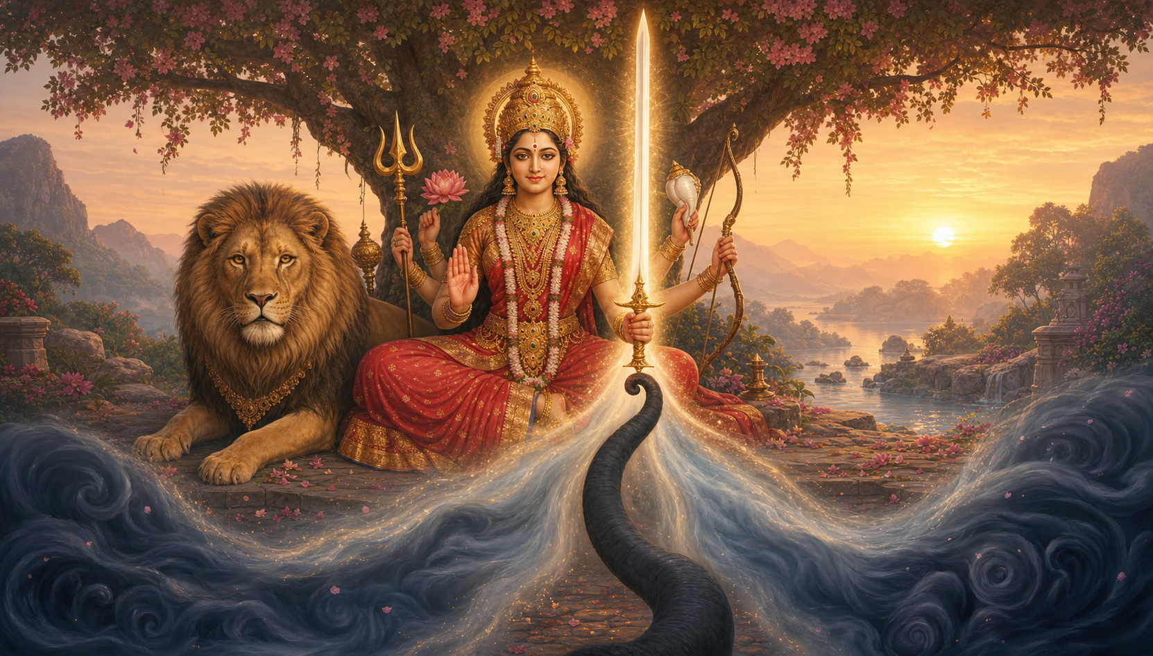Durga sits calmly with her lion at dawn, holding an upright sword whose light parts a curling elephant-shaped stream of dark mist.