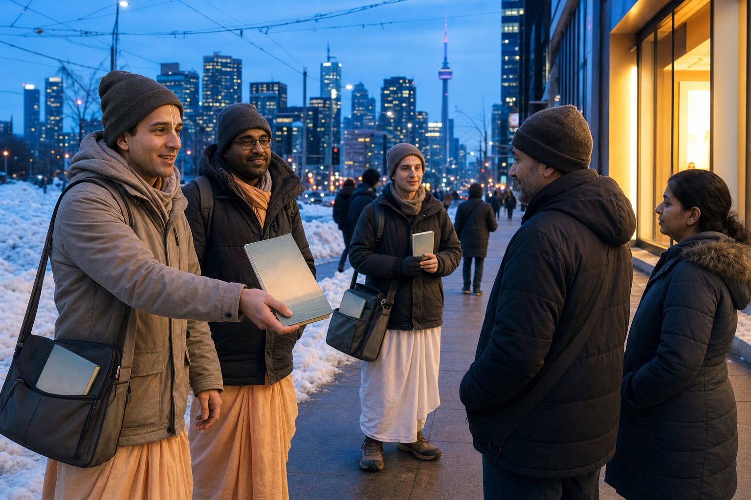 Winter-clad Hare Krishna volunteers offer books and speak with pedestrians on a snowy Toronto sidewalk at blue hour.