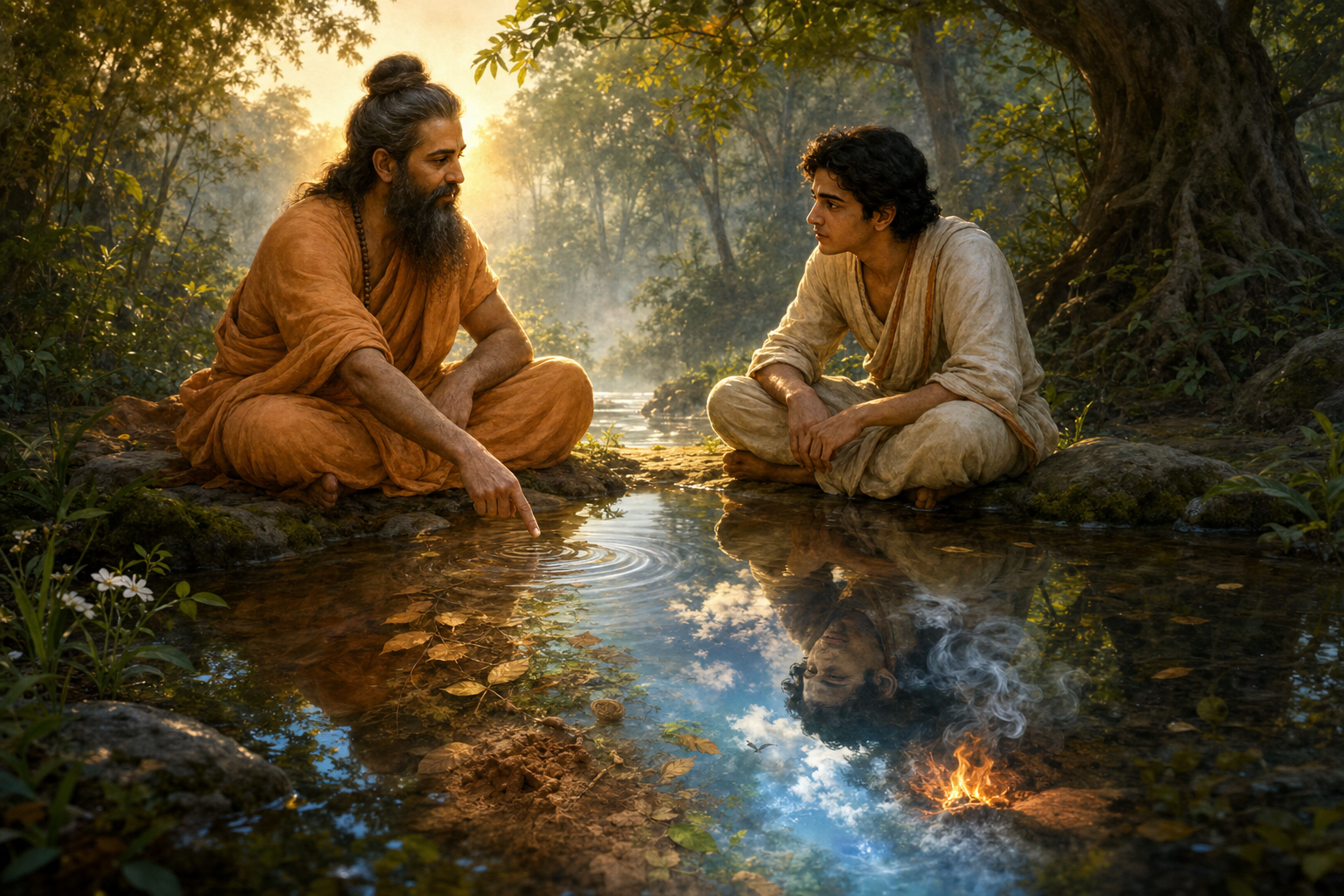 Kapila teaches beside a forest pool as a student's reflection dissolves into ripples, leaves, clay, flame, mist, and sky.