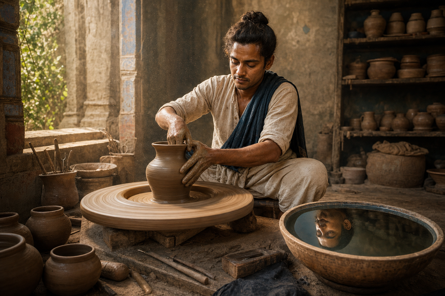 A calm craftsperson shapes clay on a spinning wheel beside a still bowl of water in a sunlit workshop.