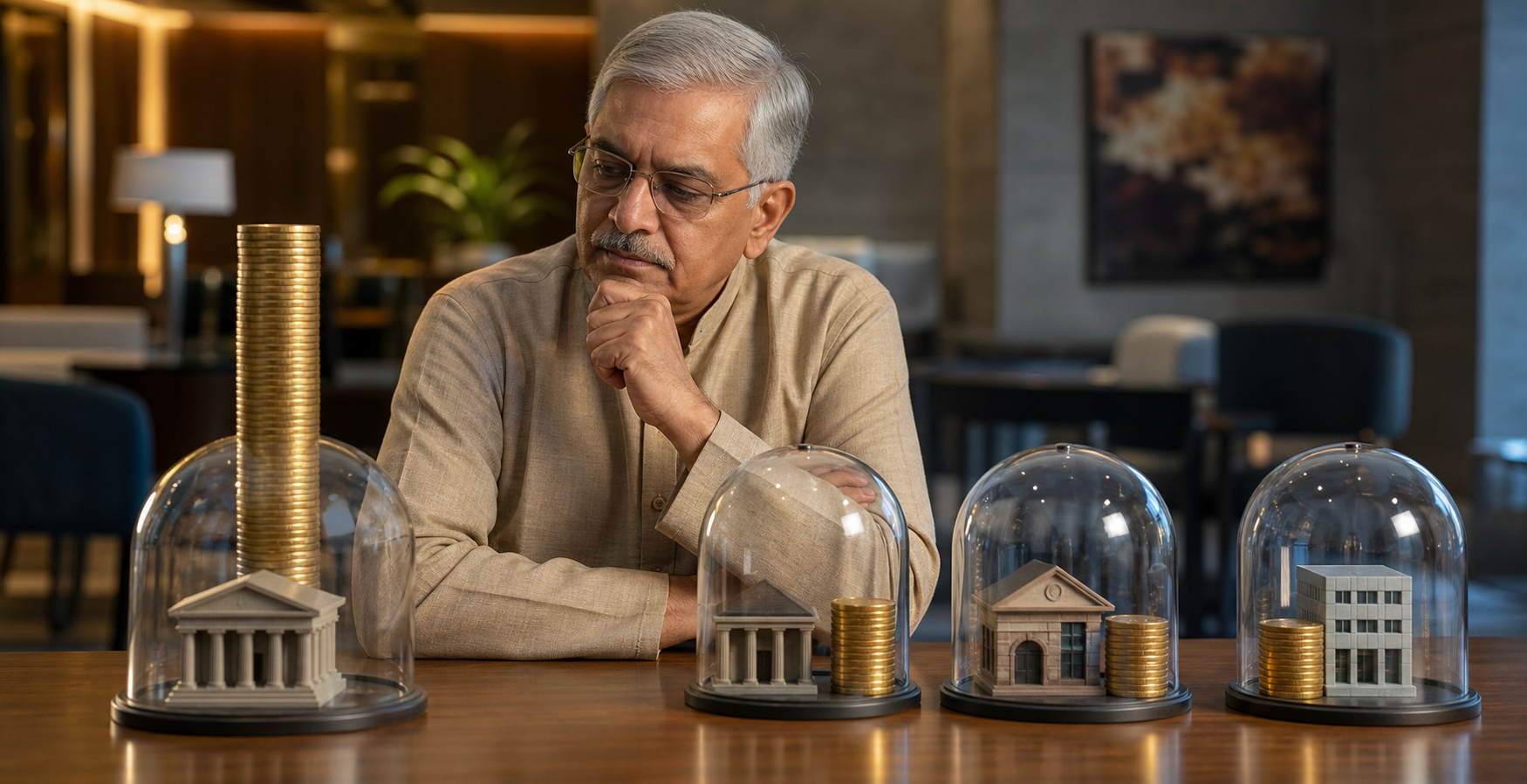 An older Indian man compares one tall coin stack that extends beyond a safety dome with smaller coin stacks protected separately beside several generic banks.