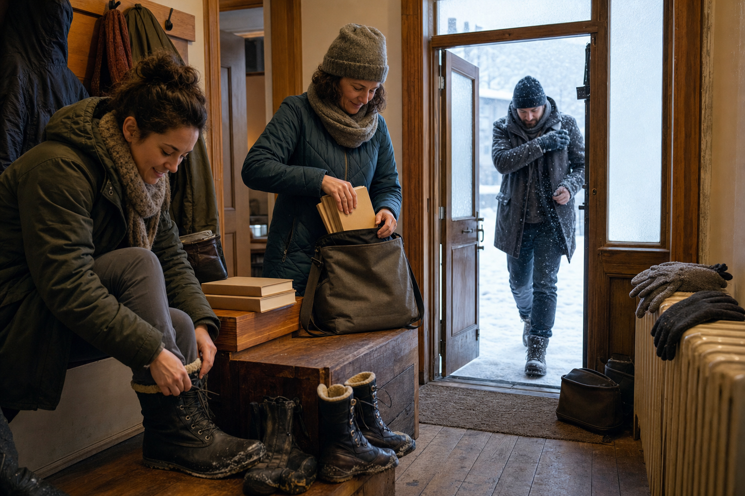 Volunteers prepare small book bags and winter clothing beside a snowy doorway for a series of short outings.