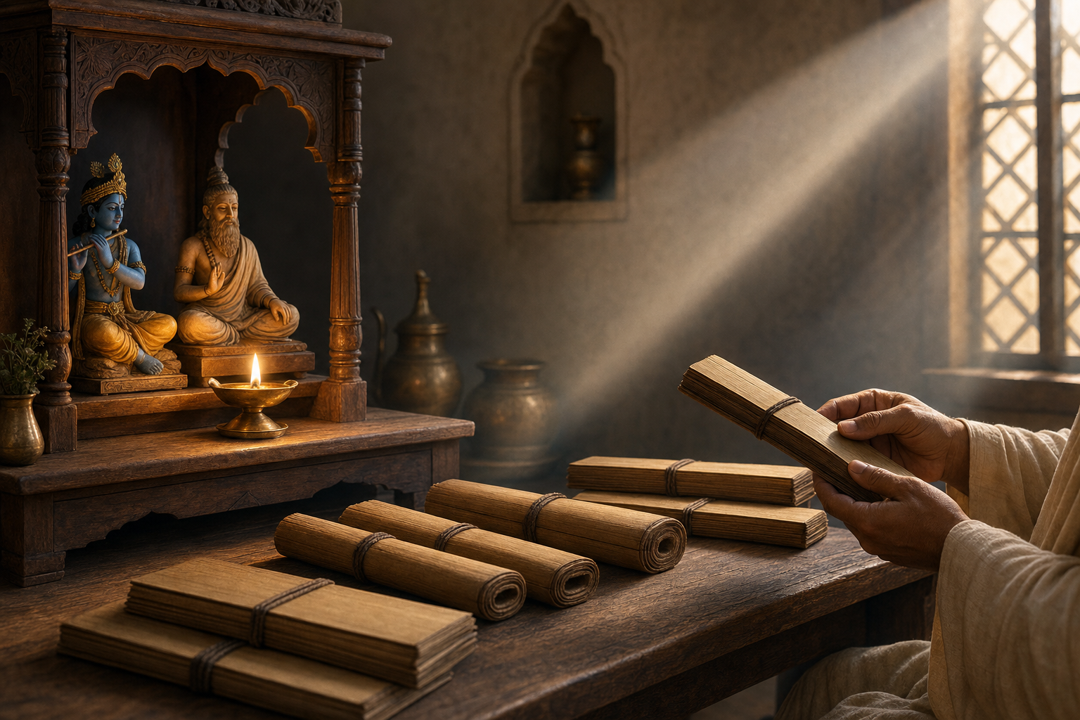 An oil lamp lights a small shrine to Krishna and Kapila beside carefully arranged palm-leaf manuscript bundles in a scholar's study.