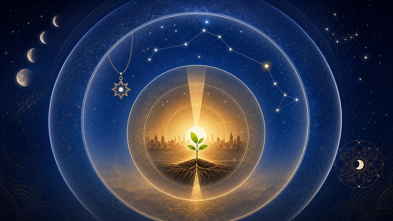 Three nested circular fields combine lunar symbols, a birth-star pendant, and a local sunrise window around a newly planted seedling.