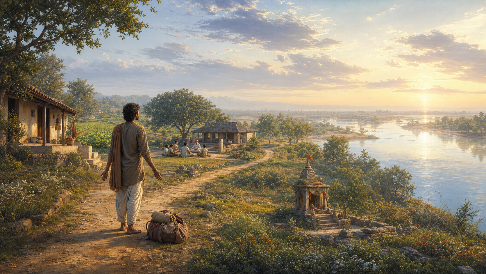 A traveler rests a bundle beside a winding path that passes homes and fields before opening toward a luminous river and horizon.