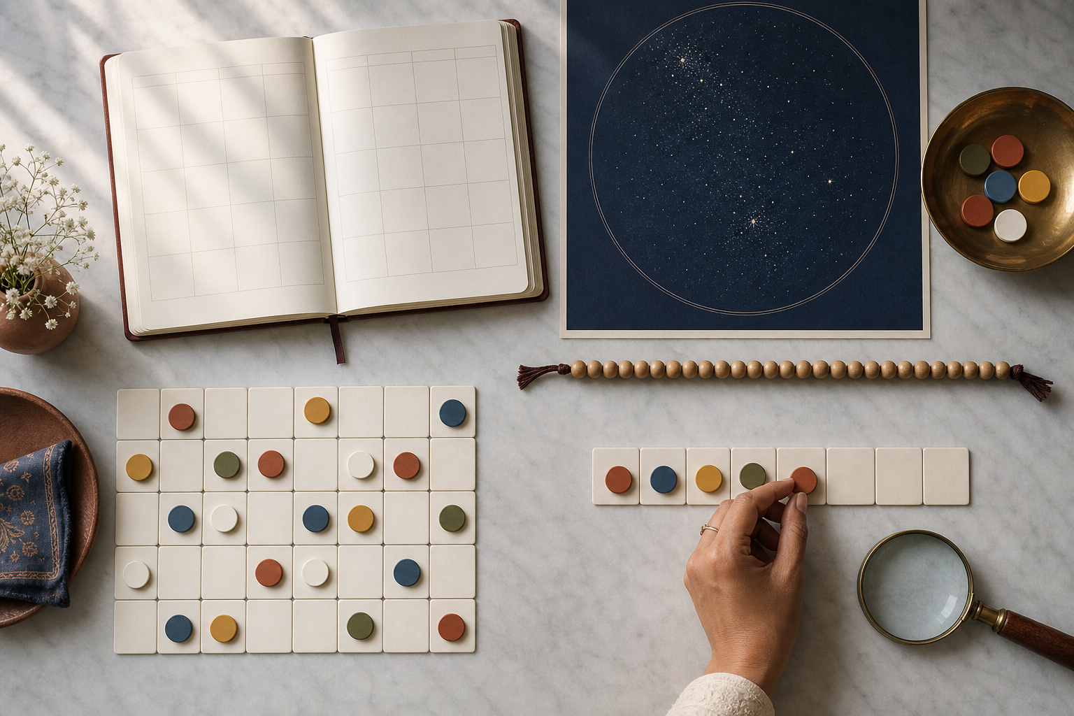 A hand sorts blank calendar markers into a small shortlist beside star clusters, counting beads, and an open planner.