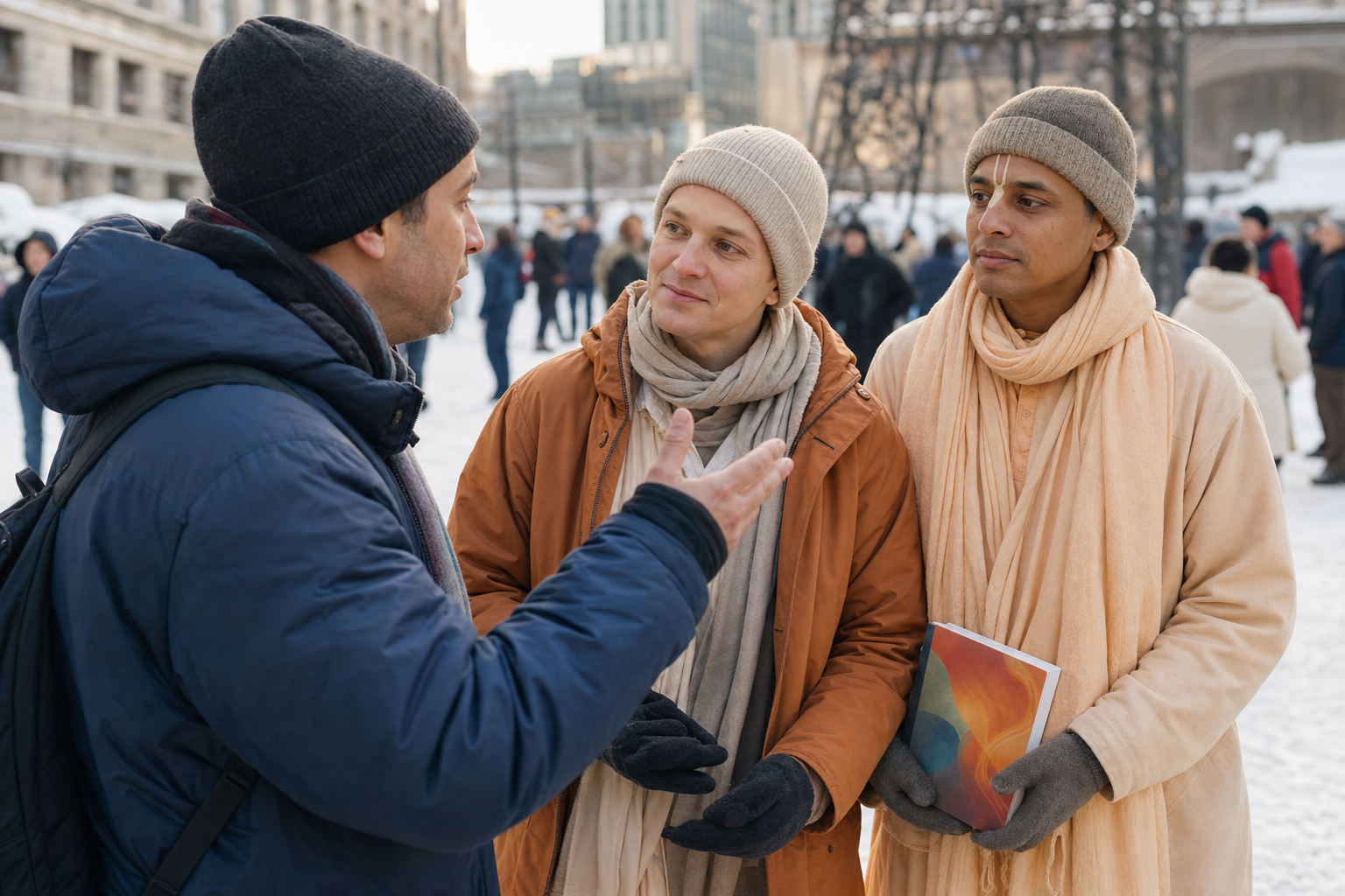 Two Hare Krishna volunteers listen to a pedestrian during a respectful conversation in a snowy Toronto public square.