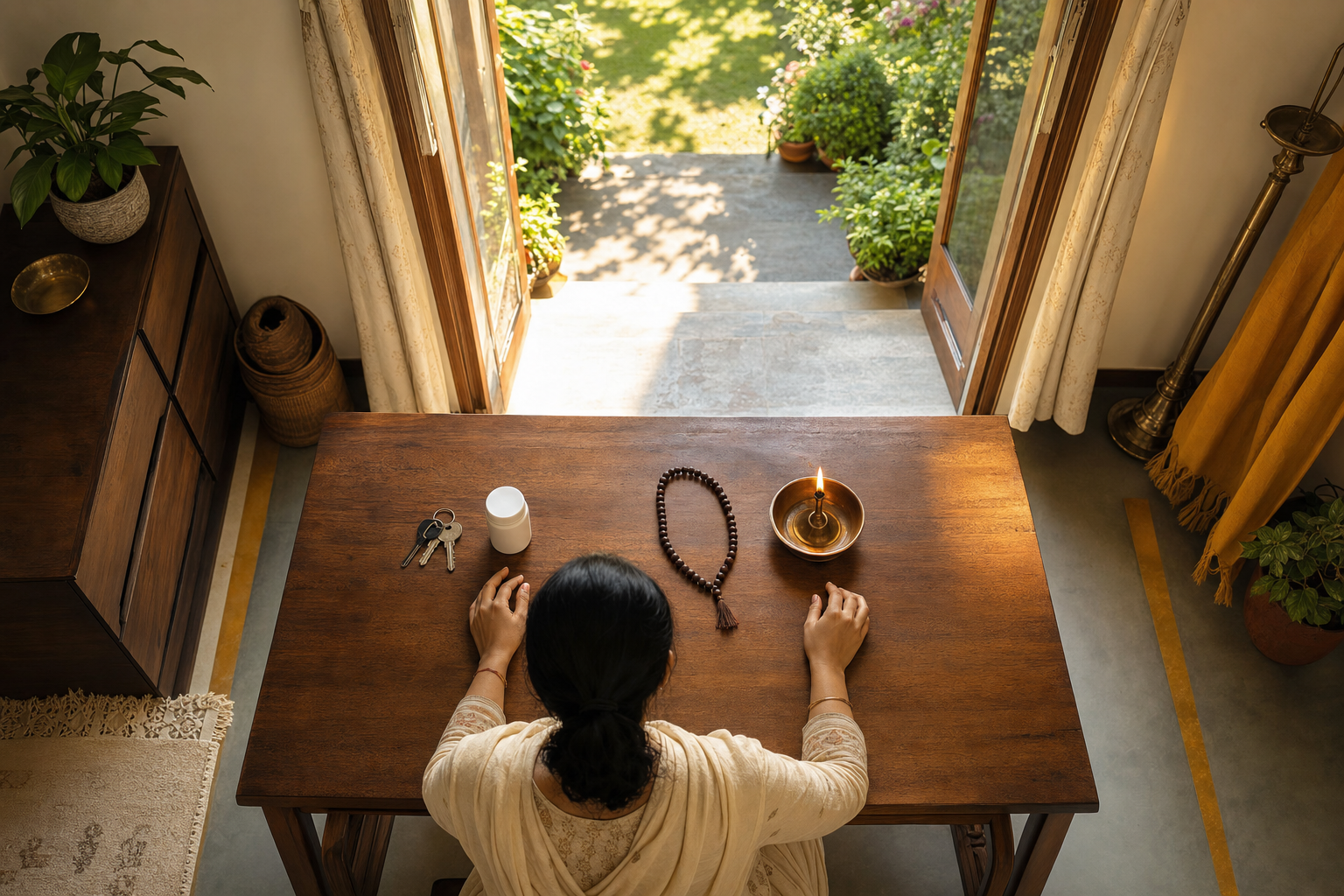 A person reflects at a wooden table with keys, medicine, prayer beads, and an oil lamp beside an open doorway to a bright garden.