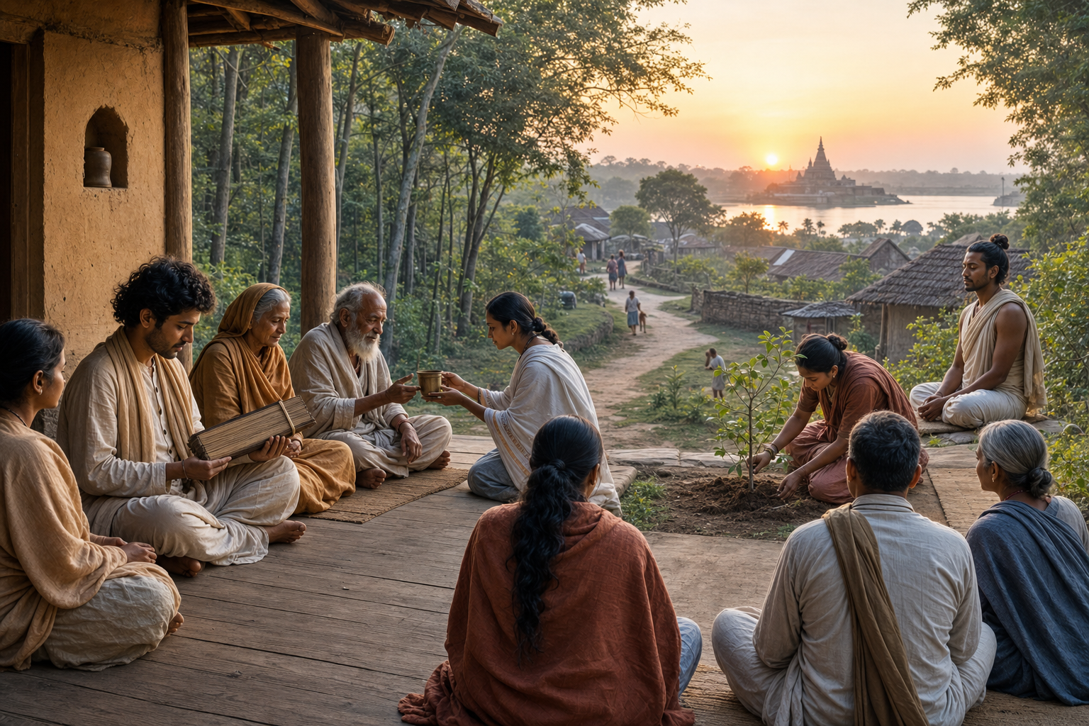 A multigenerational group studies, meditates, serves water, and tends a young tree at a riverside ashram at sunrise.