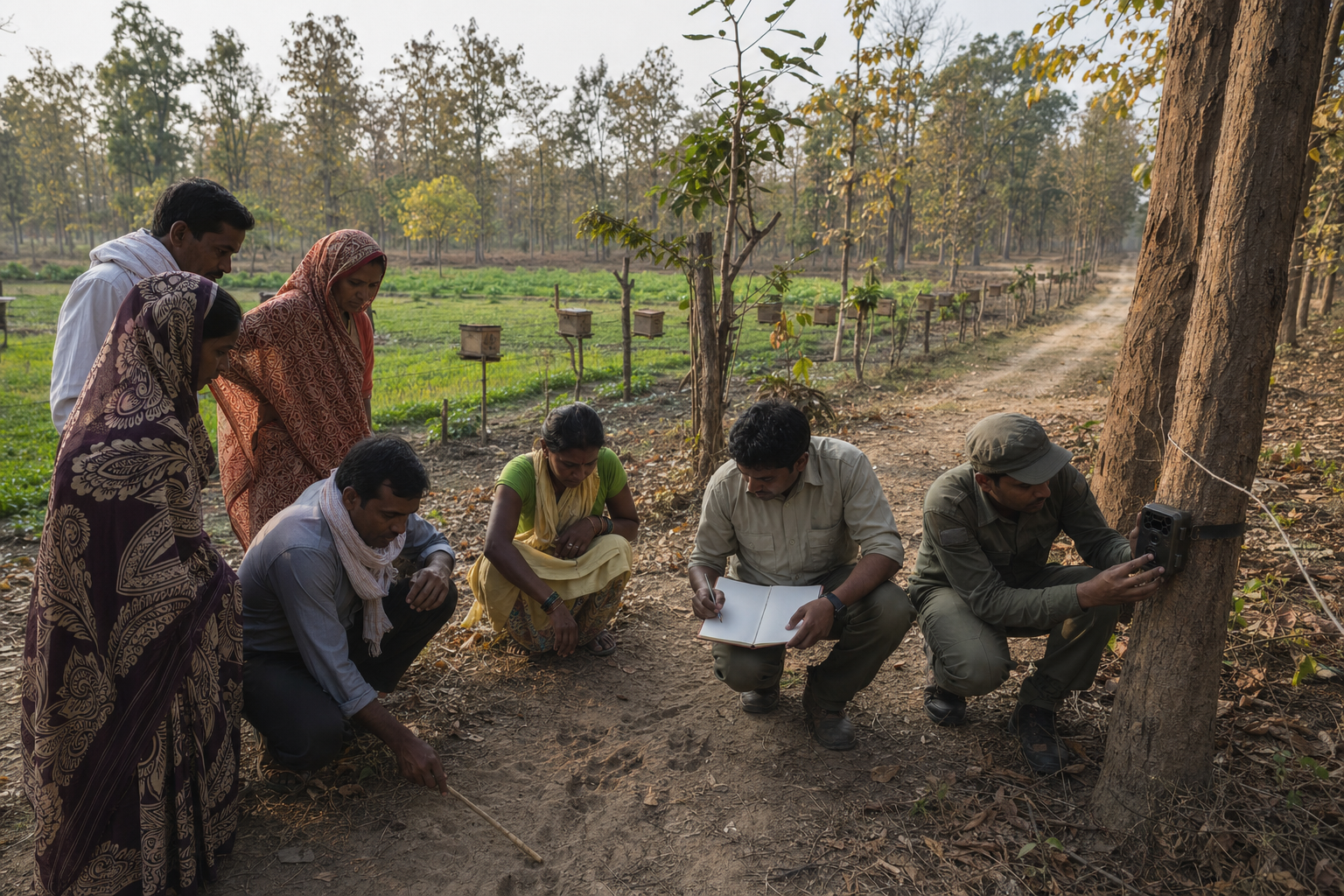 Village residents and forest field staff examine animal tracks and a camera trap beside farmland near a forest corridor.