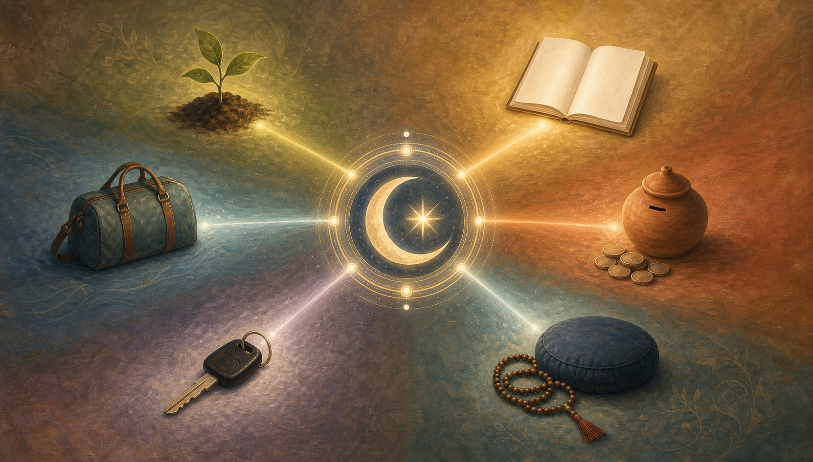 A central moon-and-star motif sends separate paths toward objects representing business, study, travel, investing, a vehicle, and spiritual practice.