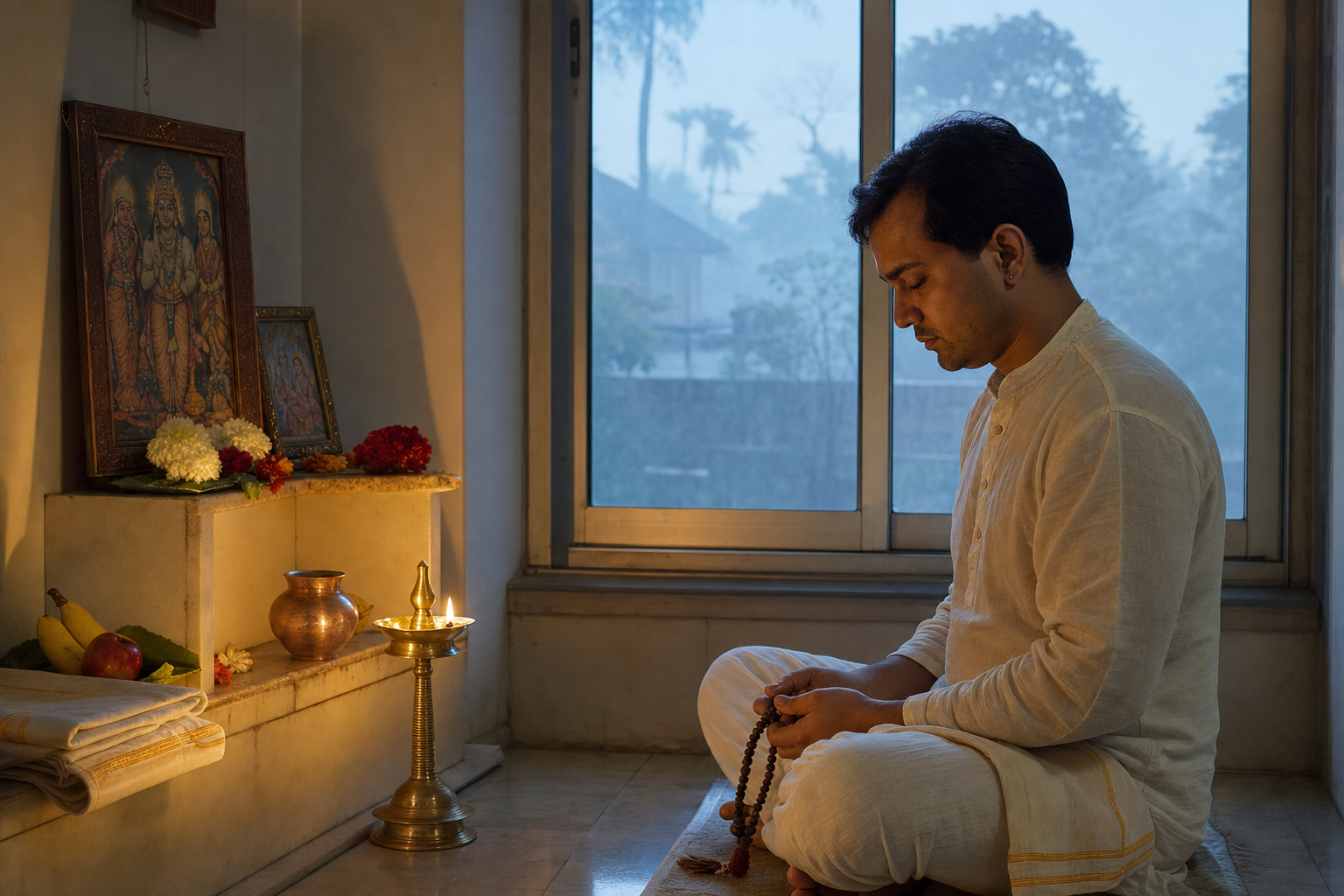 A devotee sits silently with prayer beads beside a simple home altar at dawn.