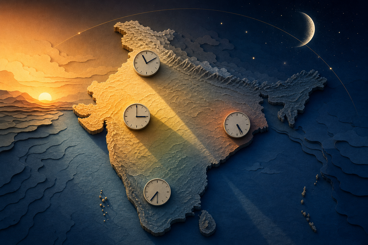 An unlabeled relief map of India is lit by different times of day, with four analog clocks showing different hand positions.