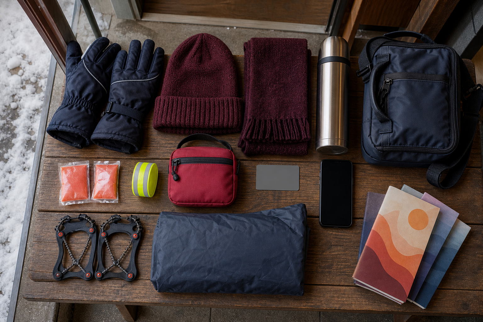 An organized cold-weather outreach kit includes warm clothing, safety supplies, a thermos, a phone, a book bag, and unlettered books.