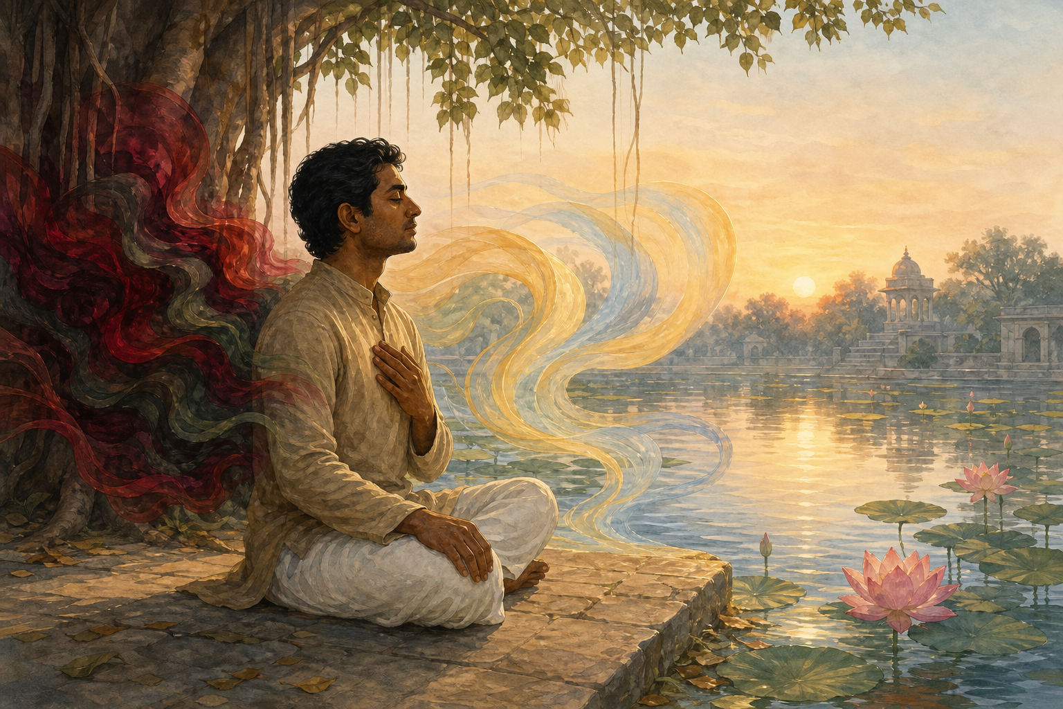 A person pauses beside a lotus pond at dawn as dark red and green ribbons behind them soften into gold and blue near the water.