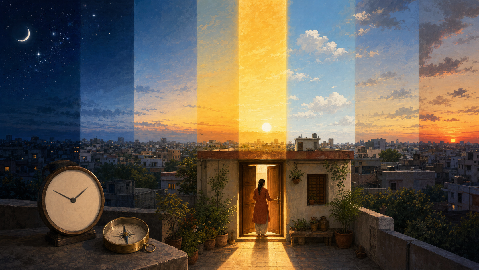 A day progresses over a city skyline as one narrow golden interval appears between sunrise-based bands of light and shadow.
