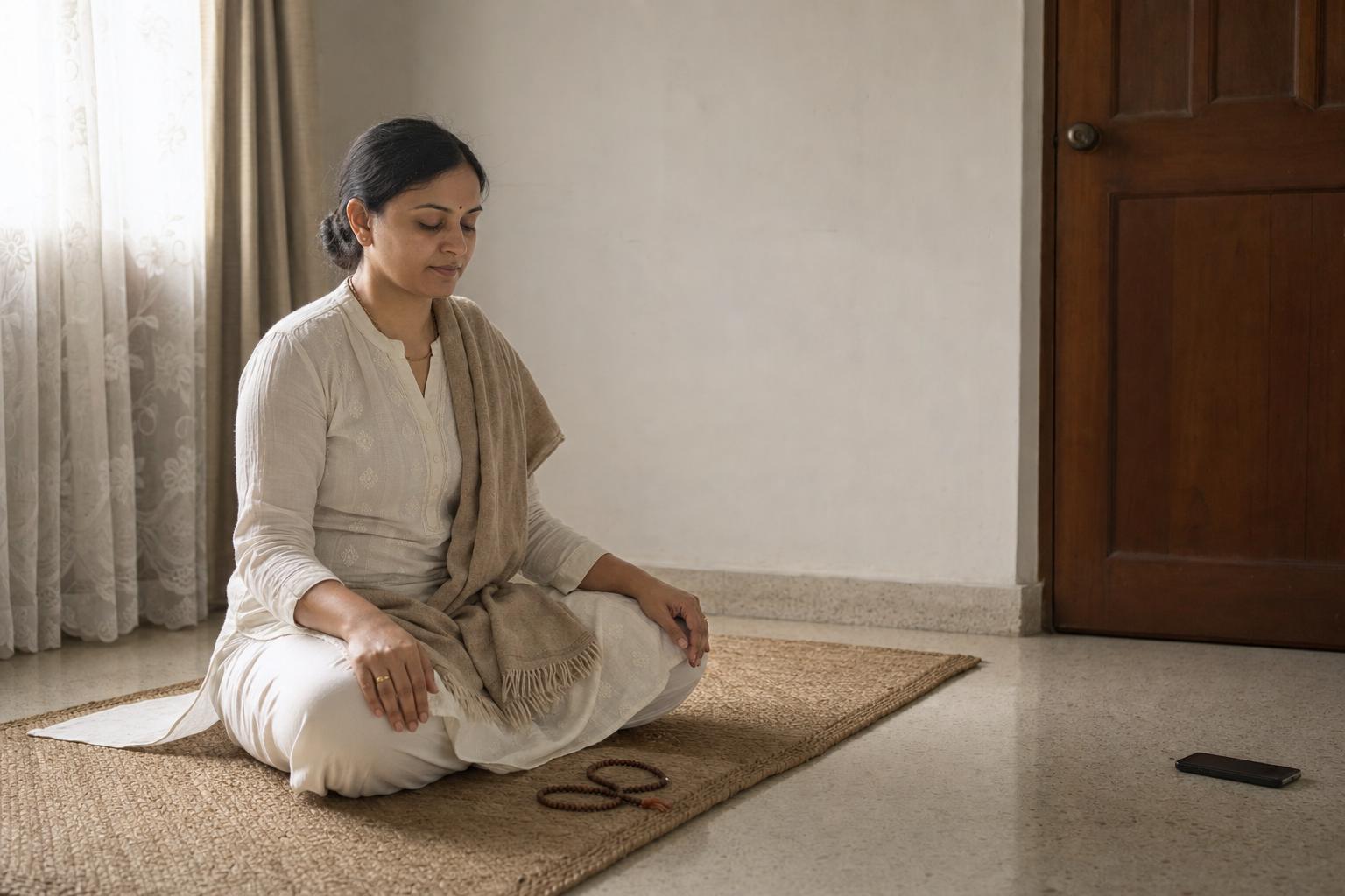 An adult meditates in a quiet room with prayer beads nearby and a phone placed face down.