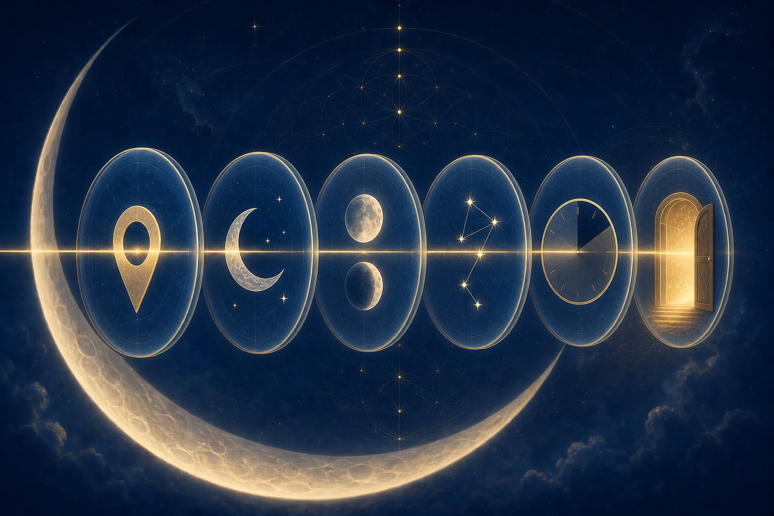 A golden beam passes through six symbolic circular filters toward a brightly lit doorway.