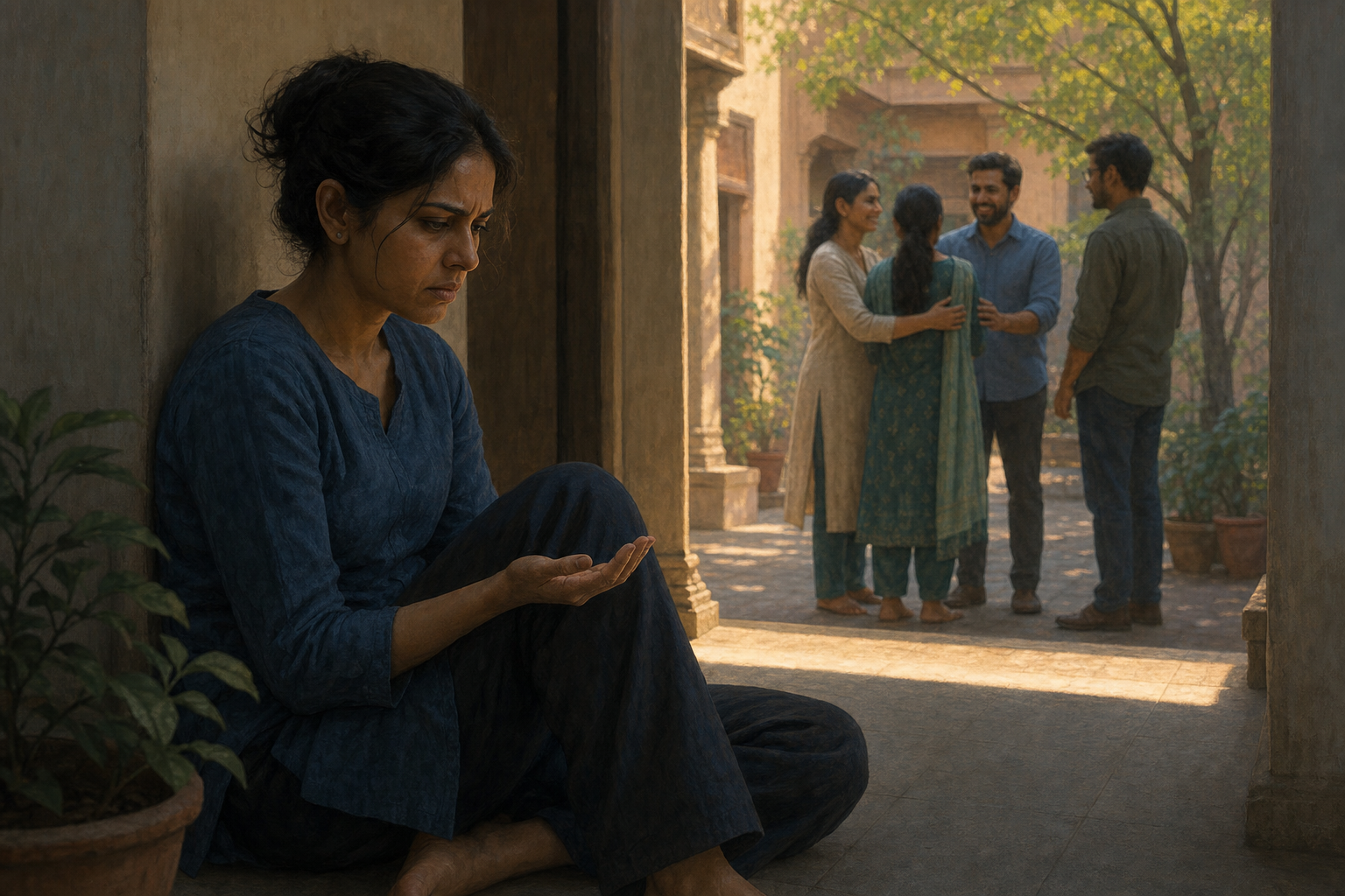 A tense person sits on a shaded veranda and observes their feelings while a small group congratulates someone in the sunlit courtyard behind them.
