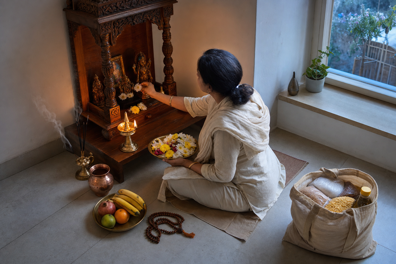 A devotee offers flowers at a home altar beside prayer beads, ritual vessels, fruit, and food prepared for donation.