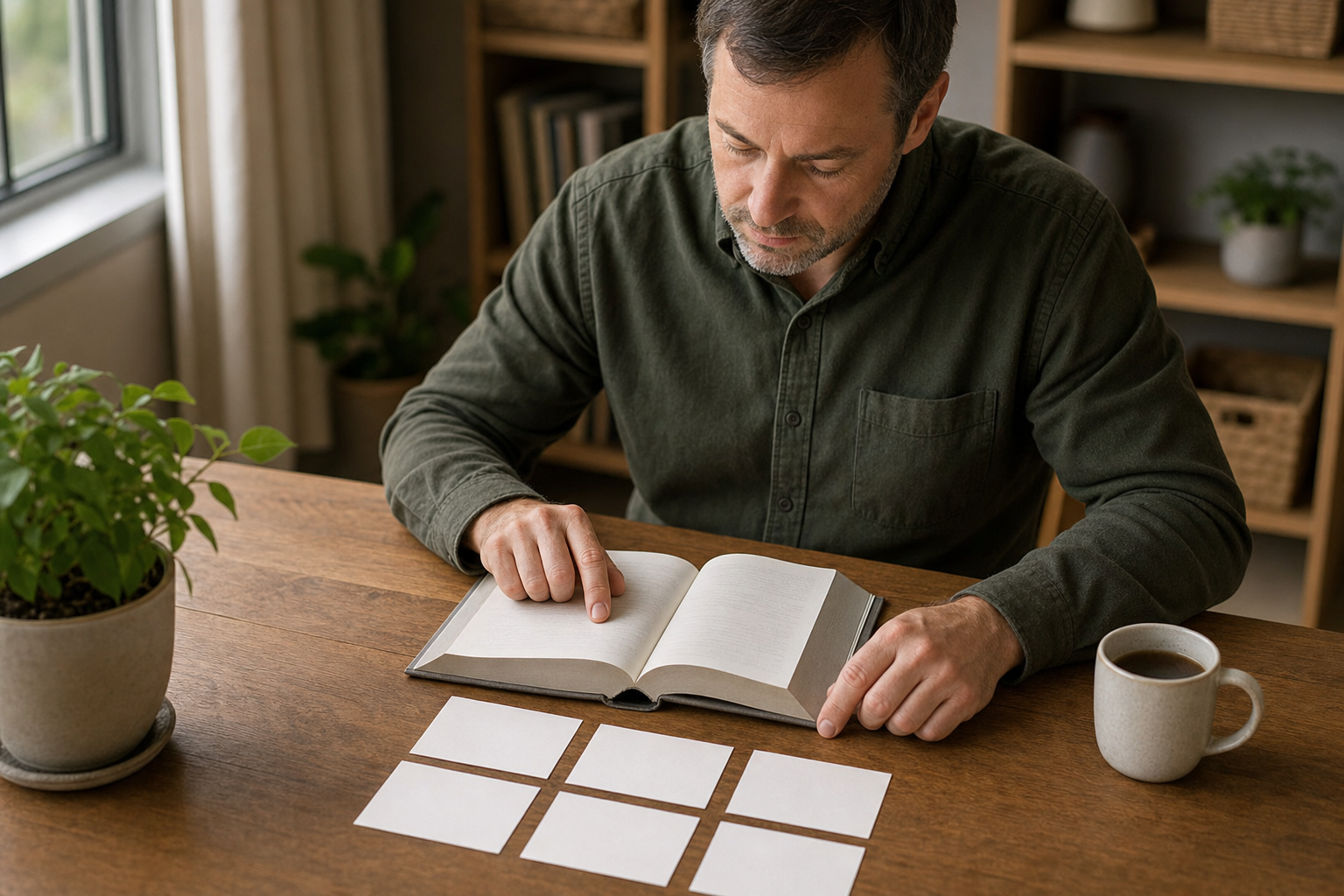 A person studies an open devotional book at a wooden table beside blank note cards in a softly lit home study.