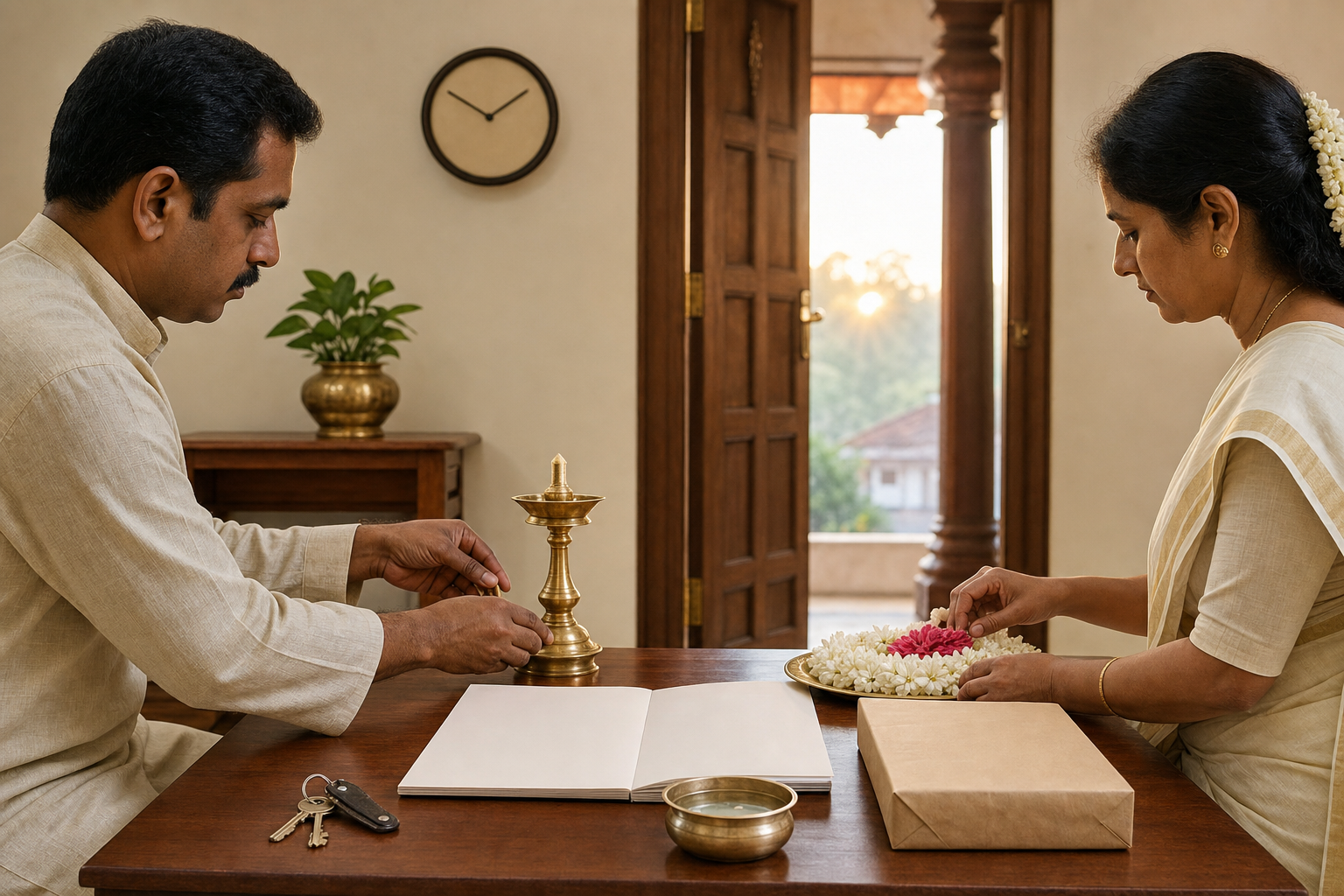 Two adults arrange a lamp, flowers, blank documents, keys, and a parcel on a table before dawn.