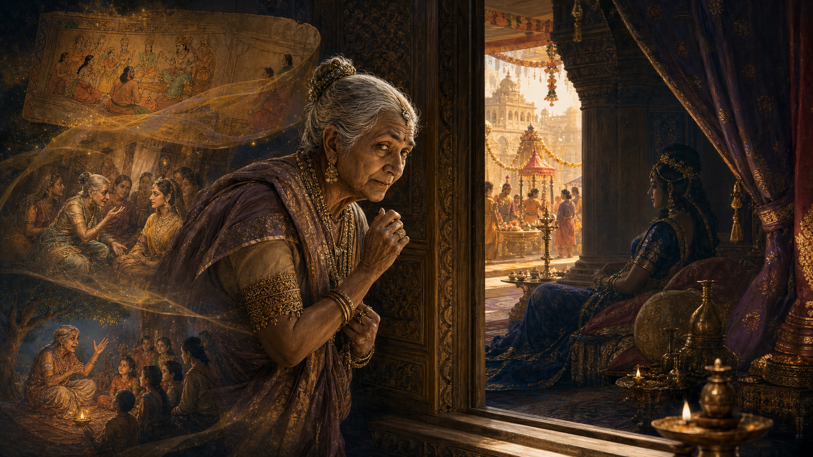 Manthara stands at the entrance to Kaikeyi's shadowed palace chamber while preparations for Rama's coronation glow in a distant Ayodhya courtyard.