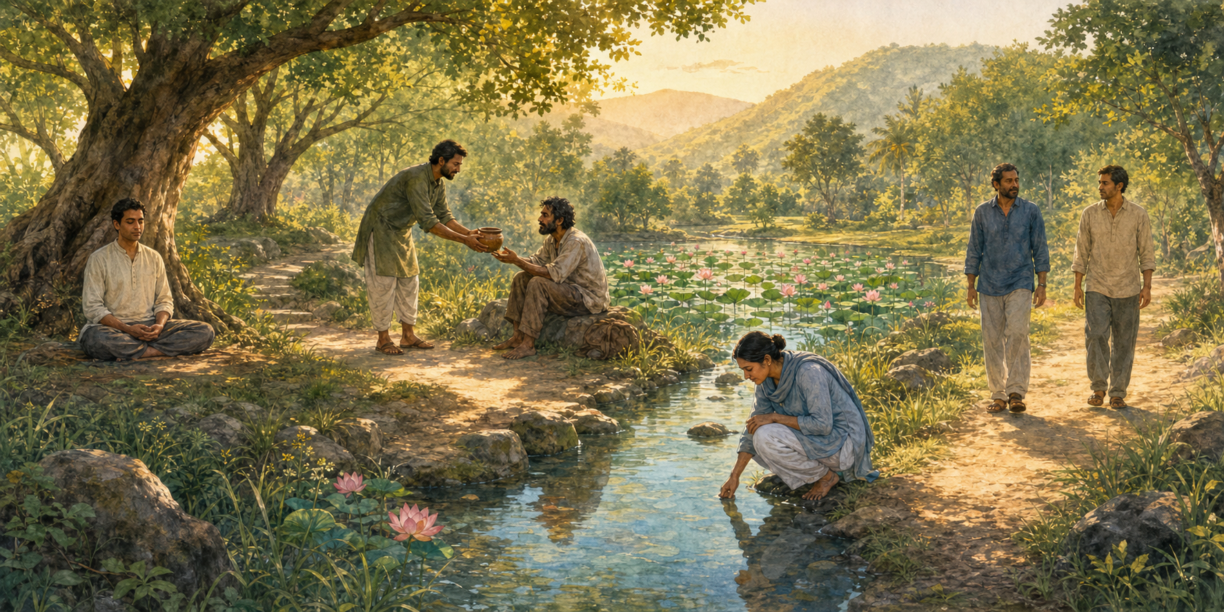 Four people practice stillness, service, self-reflection, and peaceful companionship on paths that converge beside a lotus pond.