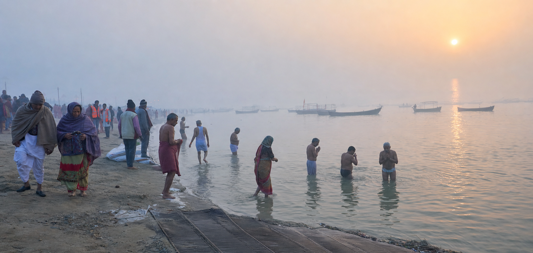 Pilgrims bathe at the misty Triveni Sangam at dawn while boats rest on the river.