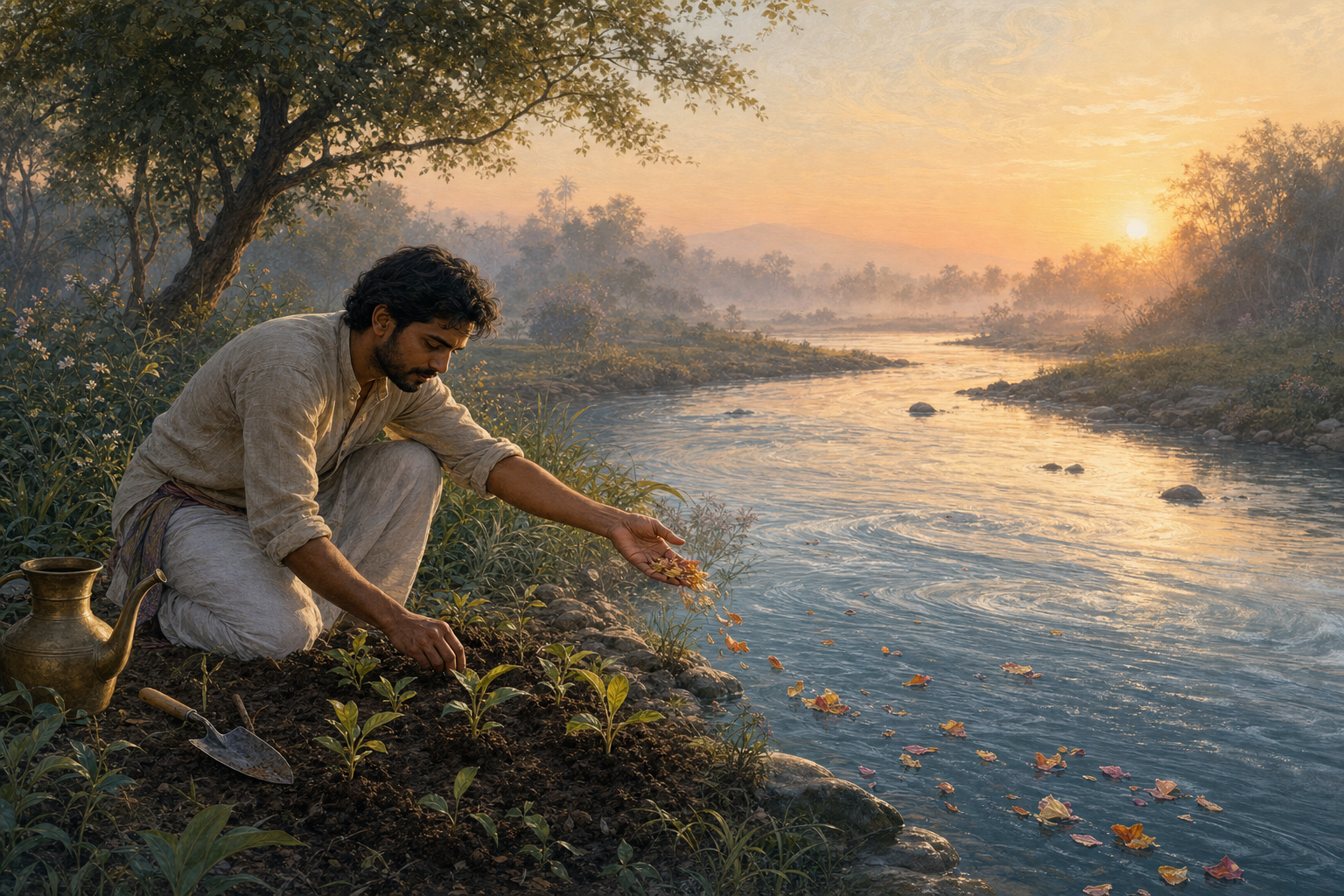 A person tends seedlings beside a river while releasing dry flower petals from an open hand into the current at dawn.