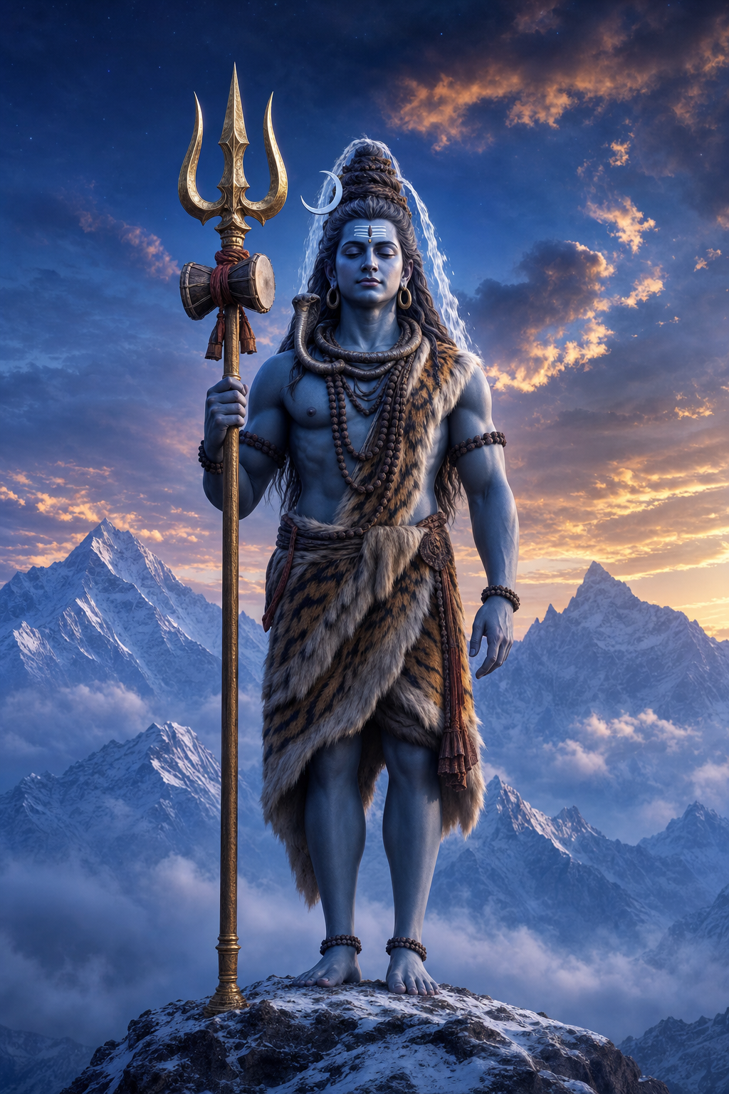 Serene Shiva stands on a Himalayan ridge holding an upright three-pronged Trishul with a small Damaru tied near its shaft.