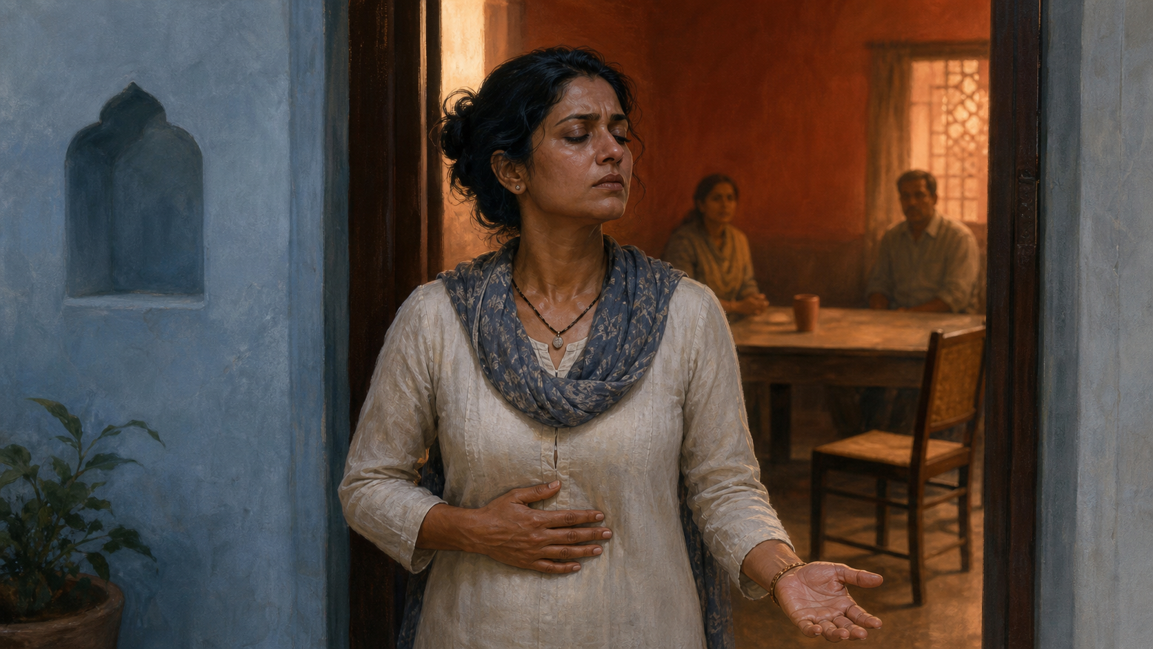 A person pauses to breathe in a doorway outside a tense conversation, with warm light behind them and cool daylight ahead.