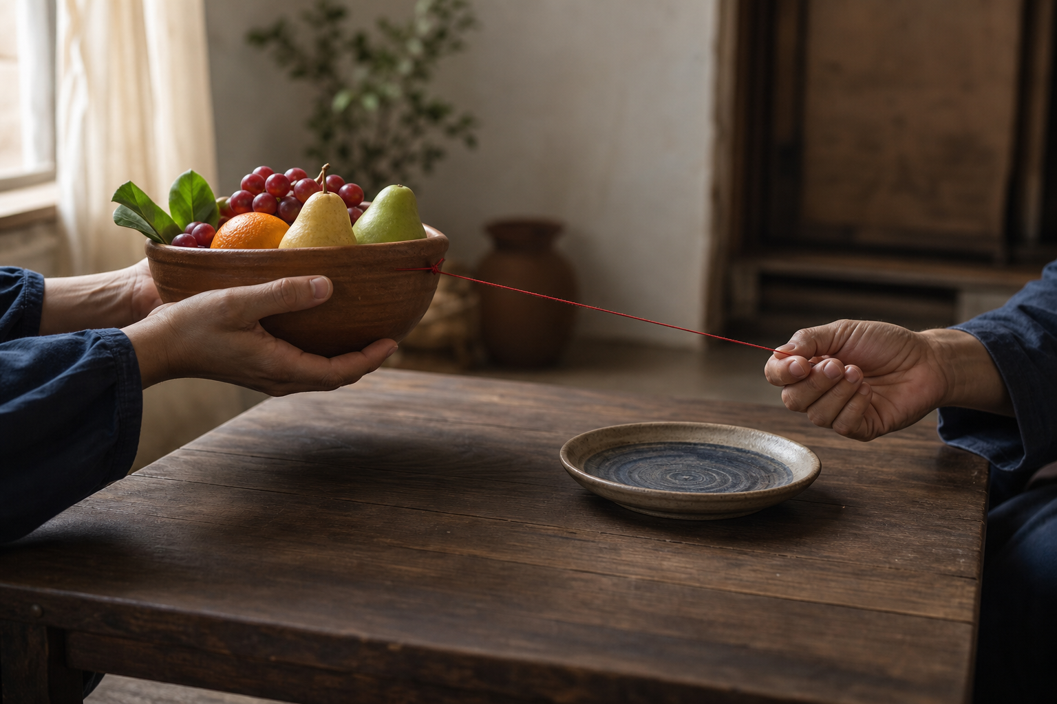 One hand offers a bowl of fruit while gripping a taut thread connected to an empty place setting.