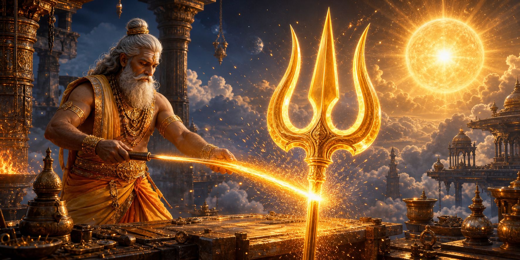 The celestial artisan Vishvakarma shapes a symmetrical three-pronged Trishul from a stream of golden solar radiance in a mythic workshop.