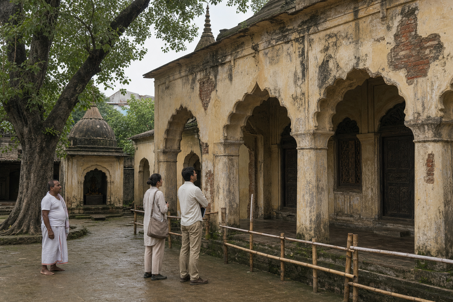Weathered courtyard of a historic Hindu math where two conservation specialists examine aged plaster and brickwork as a caretaker looks on.