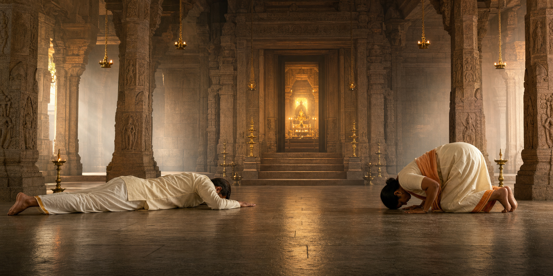 Two devotees demonstrate full-length and kneeling forms of namaskara inside a softly lit stone temple hall.