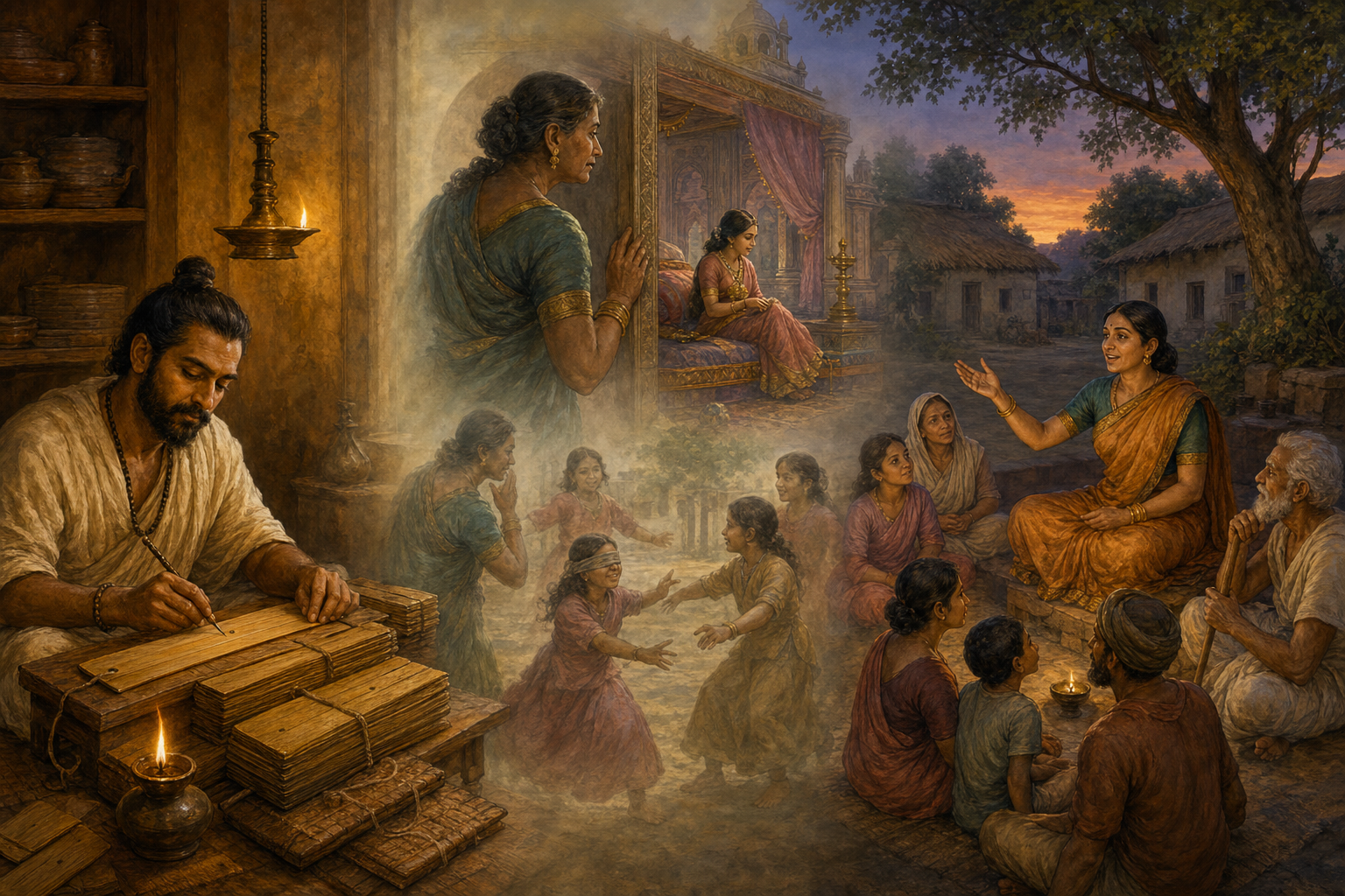 A palm-leaf scribe and a courtyard storyteller frame two faintly overlapping interpretations of Manthara, including an uncertain childhood memory.