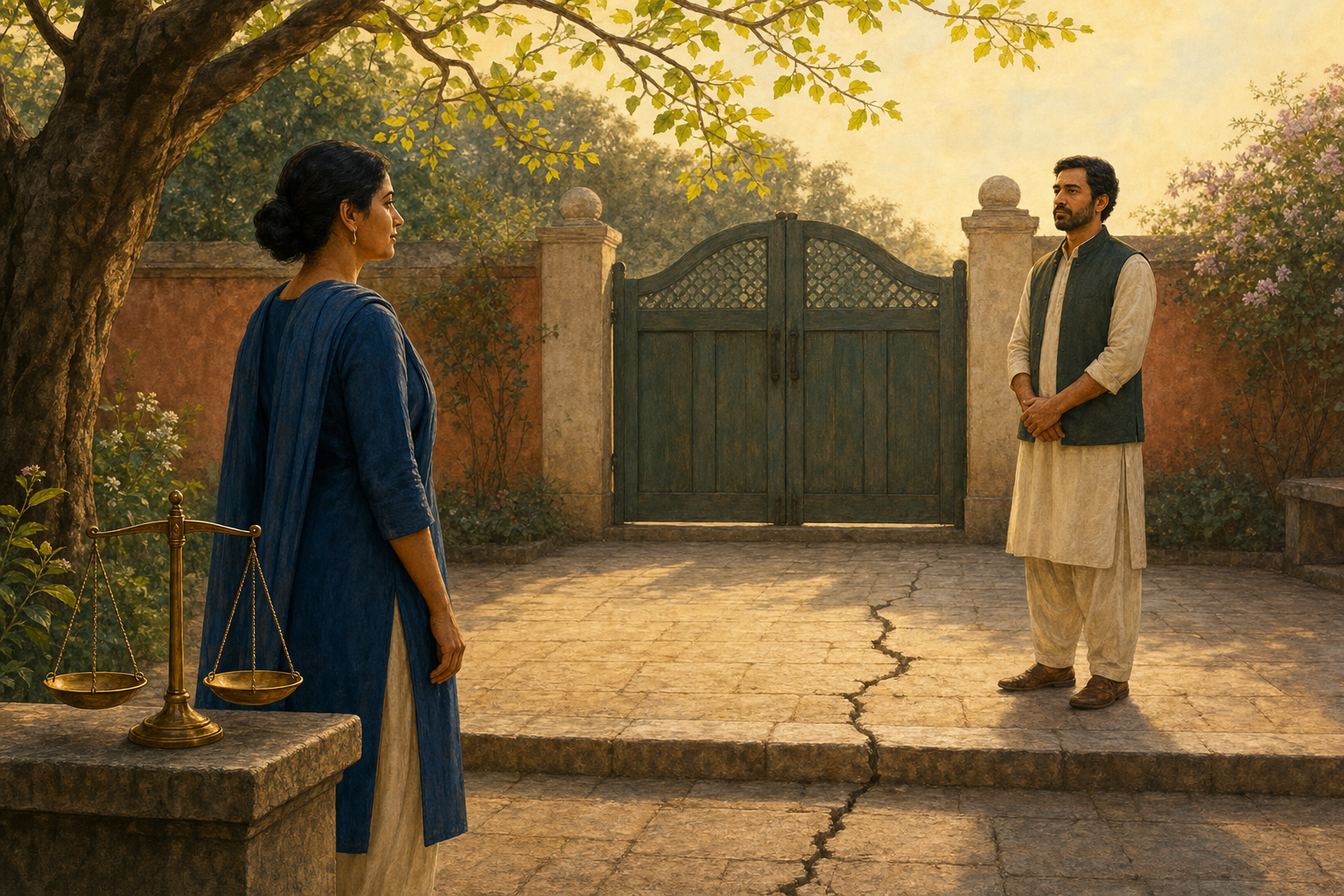 Two people stand apart across a stone threshold in a courtyard near a closed garden gate and an unmarked balance scale.