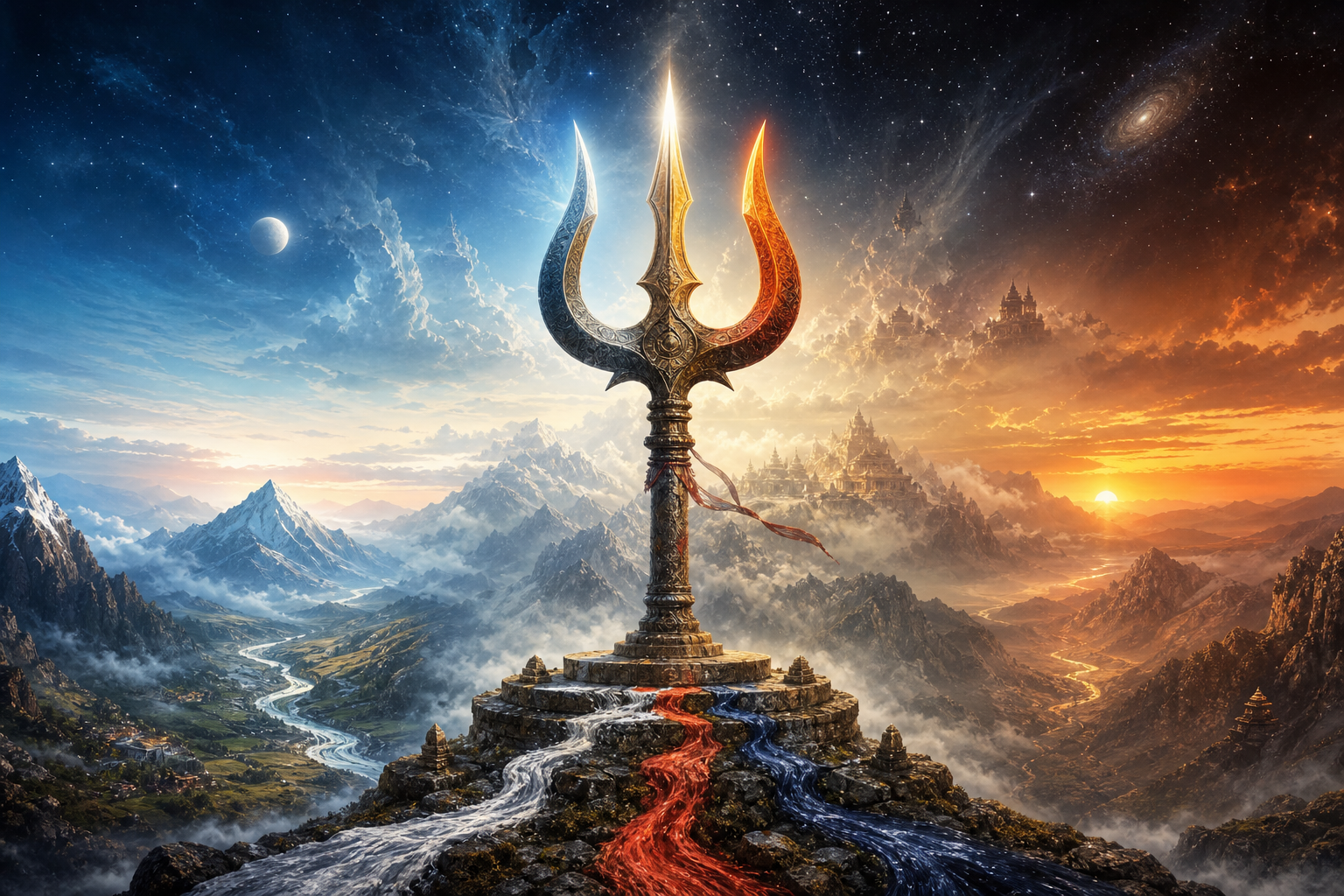 A monumental Trishul rises above a layered landscape, with its three prongs illuminated by dawn, midday, and dusk light and three colored currents meeting at its base.