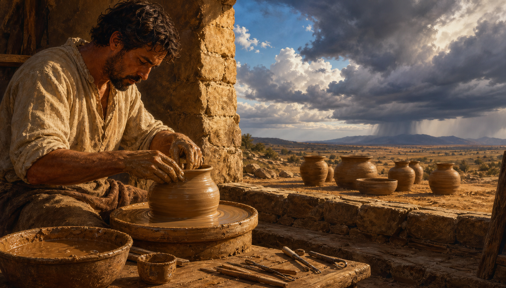 A craftsperson shapes clay at a wheel while finished vessels dry under a changing sky beyond a stone threshold.