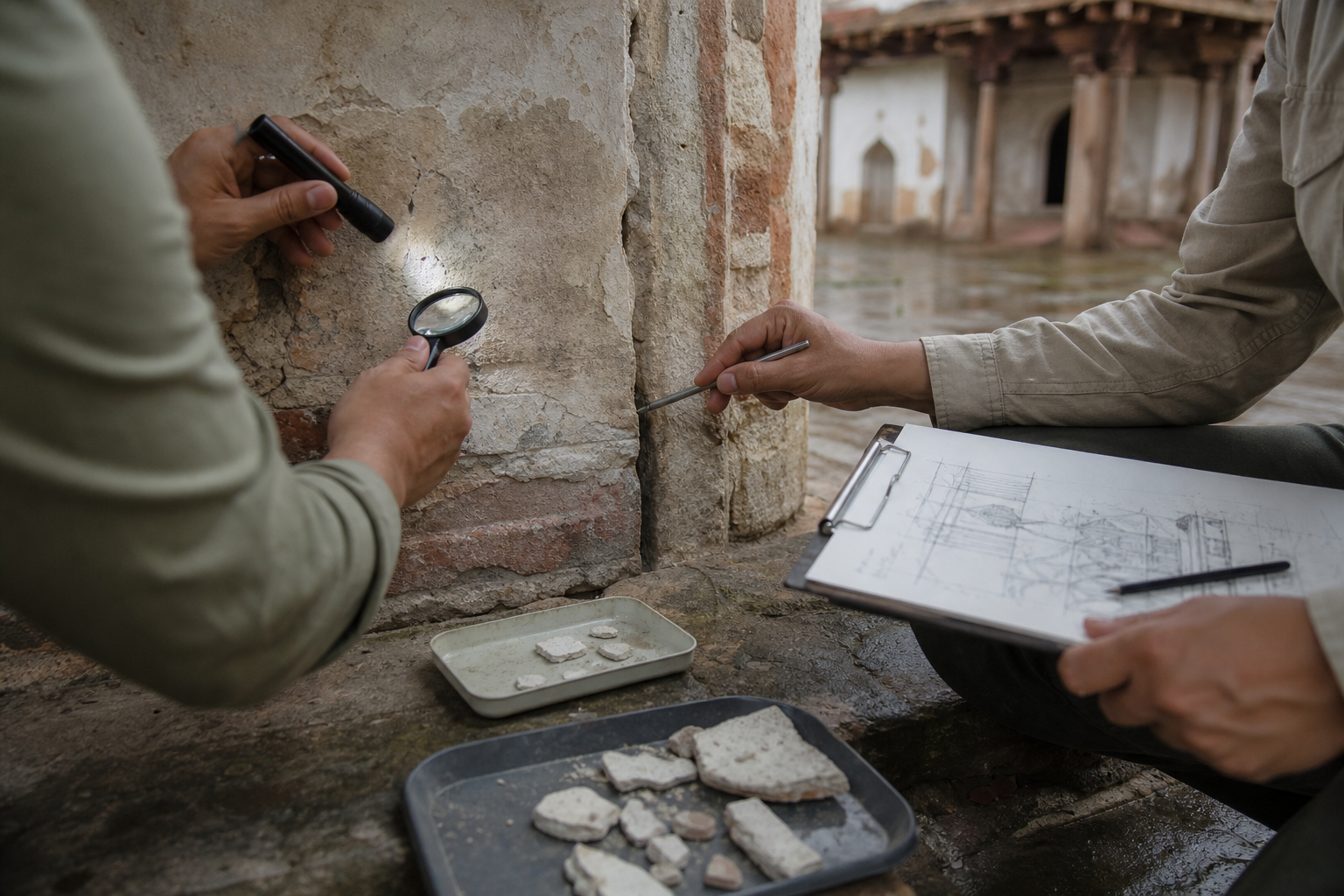 Conservation specialists inspect cracks and loose lime plaster on an old masonry wall before repairs begin.