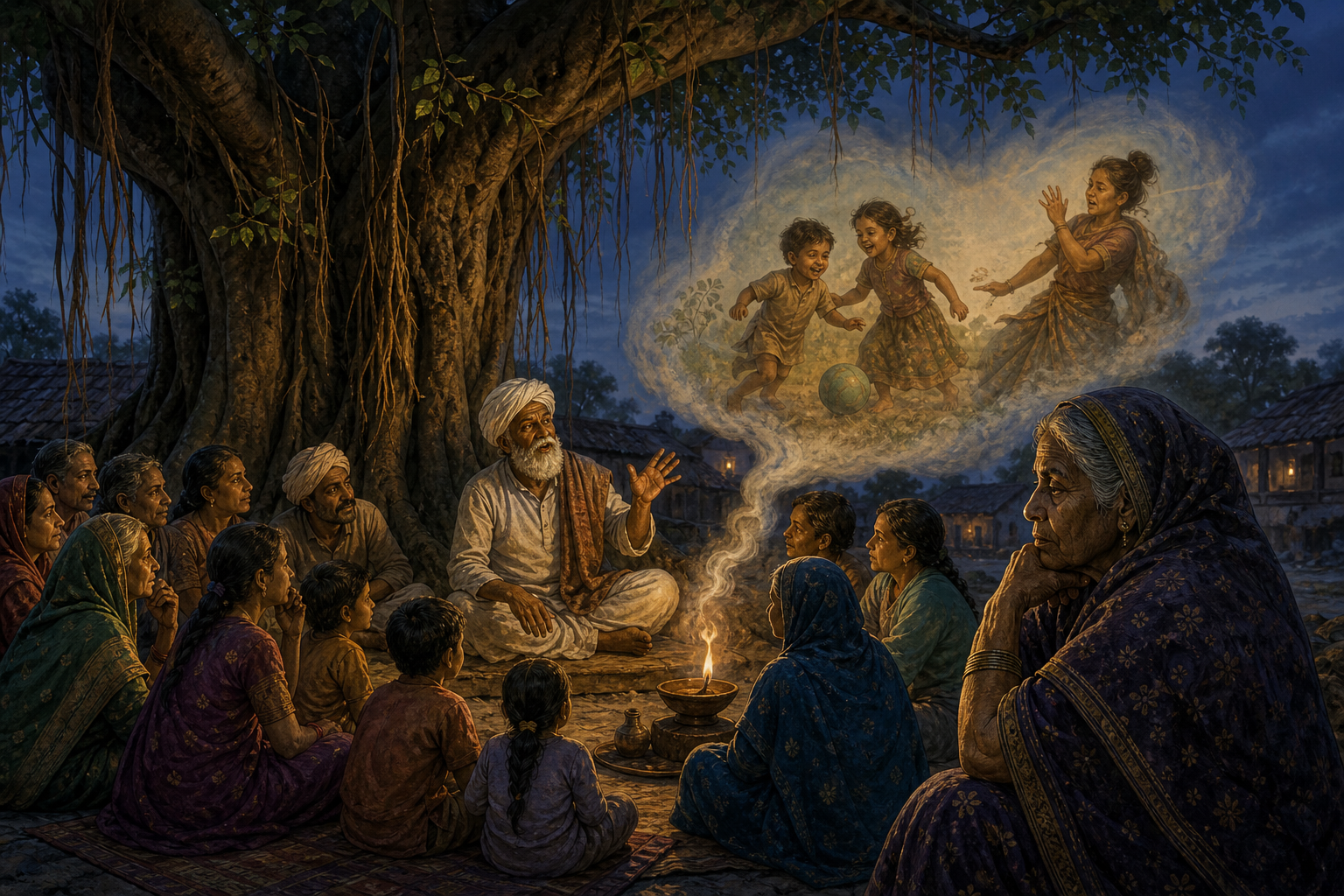 A storyteller addresses families beneath a banyan tree as lamp smoke forms an ambiguous vision of a childhood accident and an older Manthara's profile.
