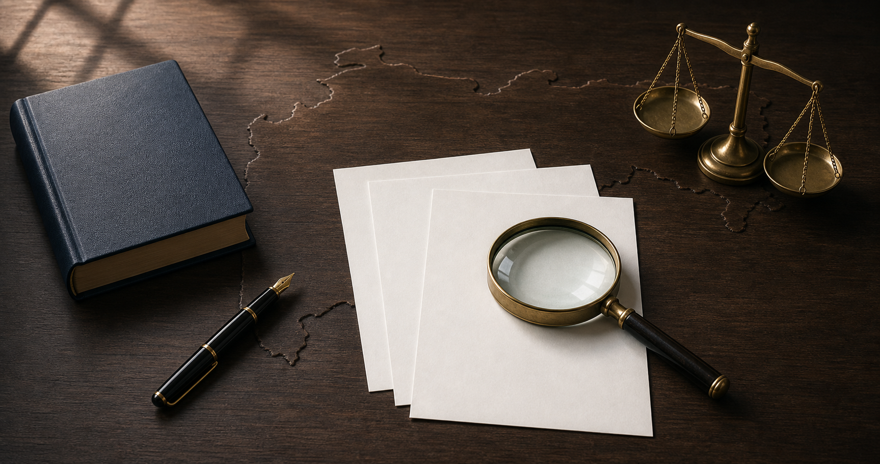 A magnifying glass, three unprinted legal documents, a law book, a pen, and brass scales arranged over a subtle outline of Maharashtra.