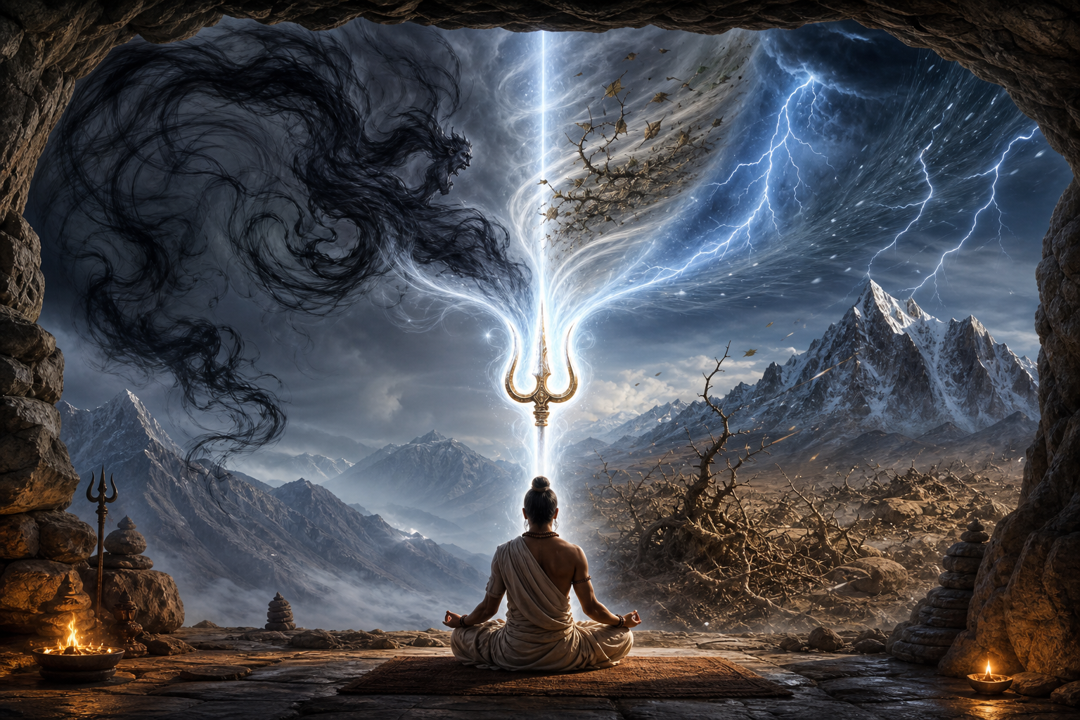 A meditating seeker faces a glowing Trishul as a nearby shadow, turbulent wind, and a distant lightning storm converge into clear light around its three prongs.