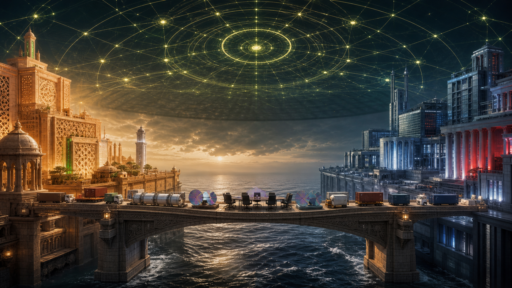 A bridge carrying trade and technology links Bharat-inspired and United States-inspired platforms beneath a vast green financial network that casts a shadow over both.